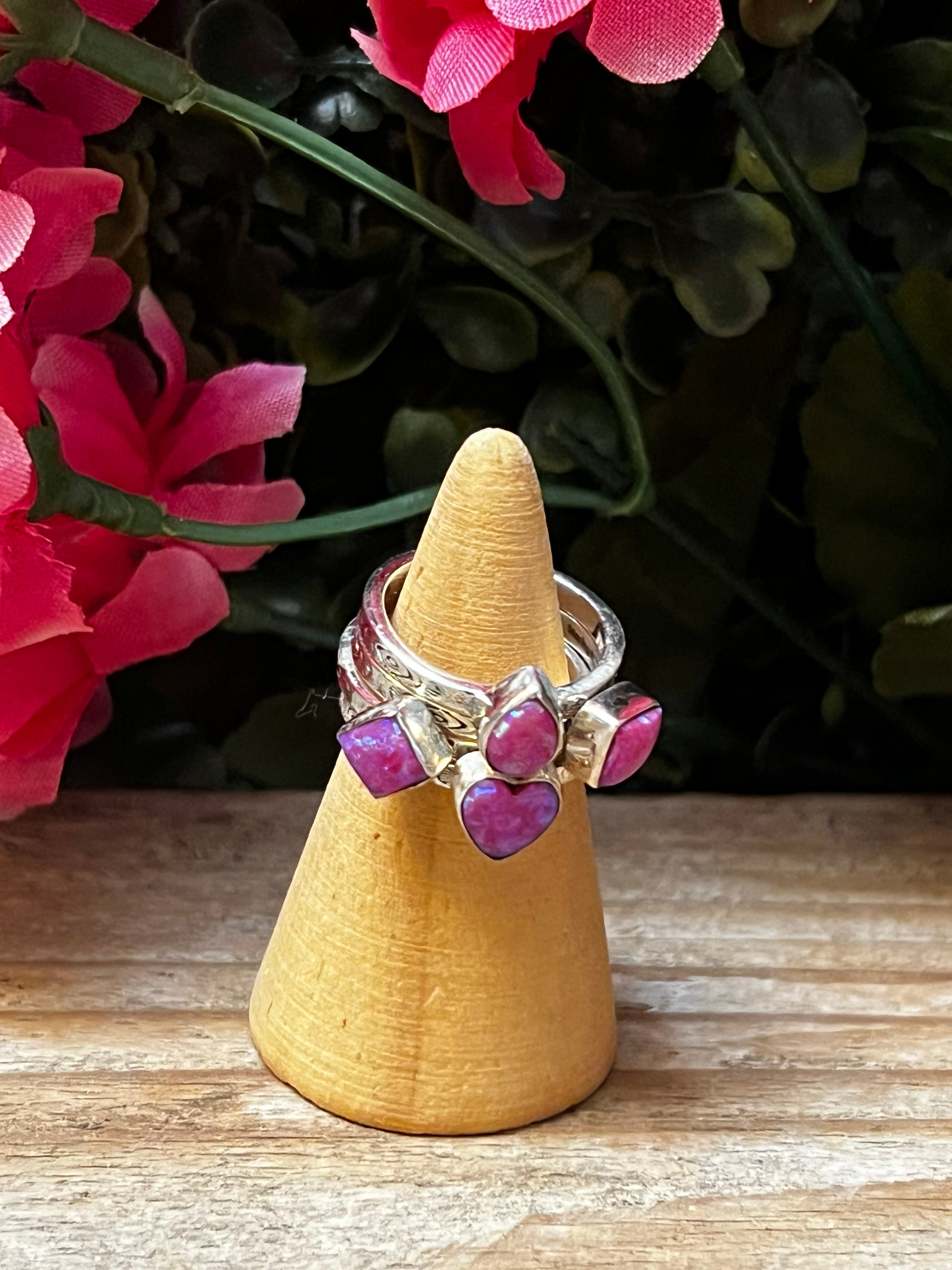 Handmade Hot Pink Opal Heart, TearDrop, Square, & Diamond Shape Sterling Silver Adjustable Stacker Ring