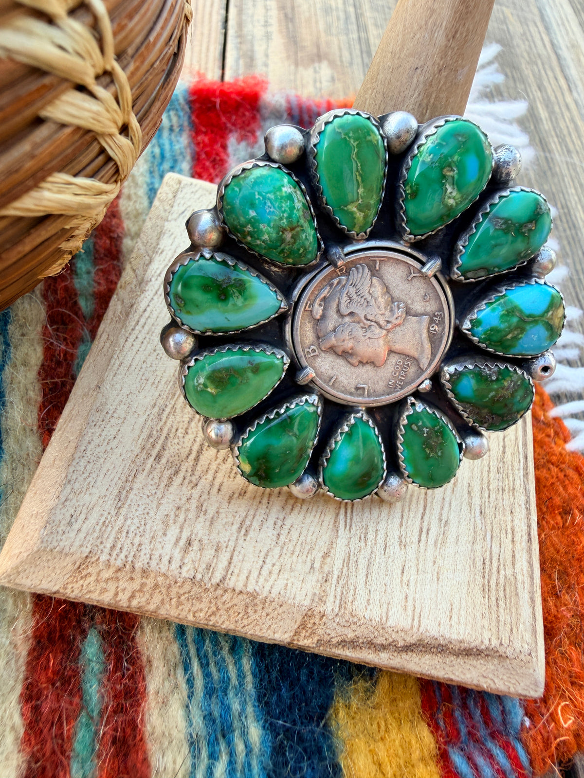 Handcrafted Sonoran Mountain Turquoise & Sterling Silver Liberty Dime Adjustable Ring by Michael Thomas Jr