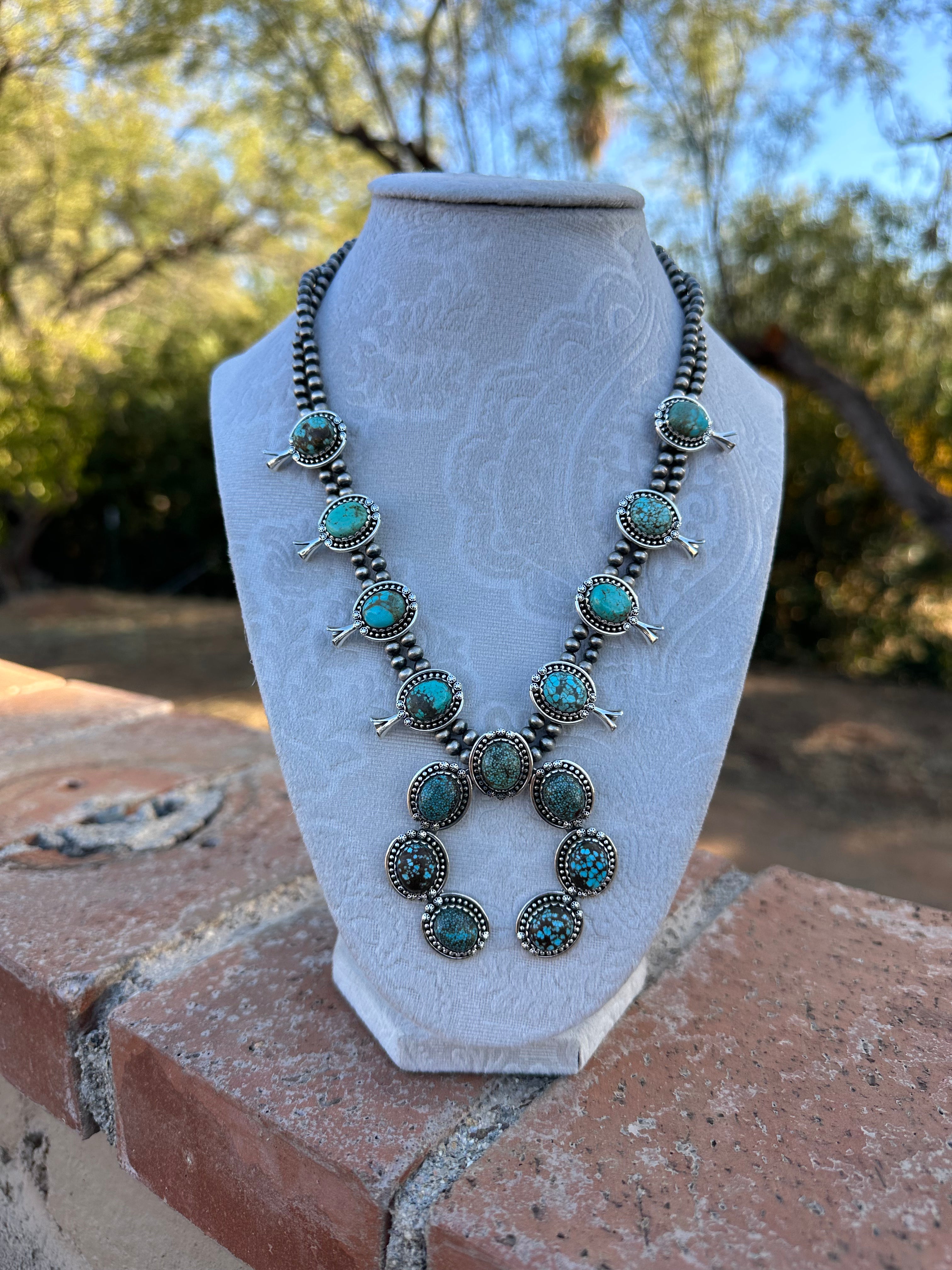 Handmade Sterling Silver & Natural Number 8 Turquoise Squash Blossom Necklace Signed Nizhoni