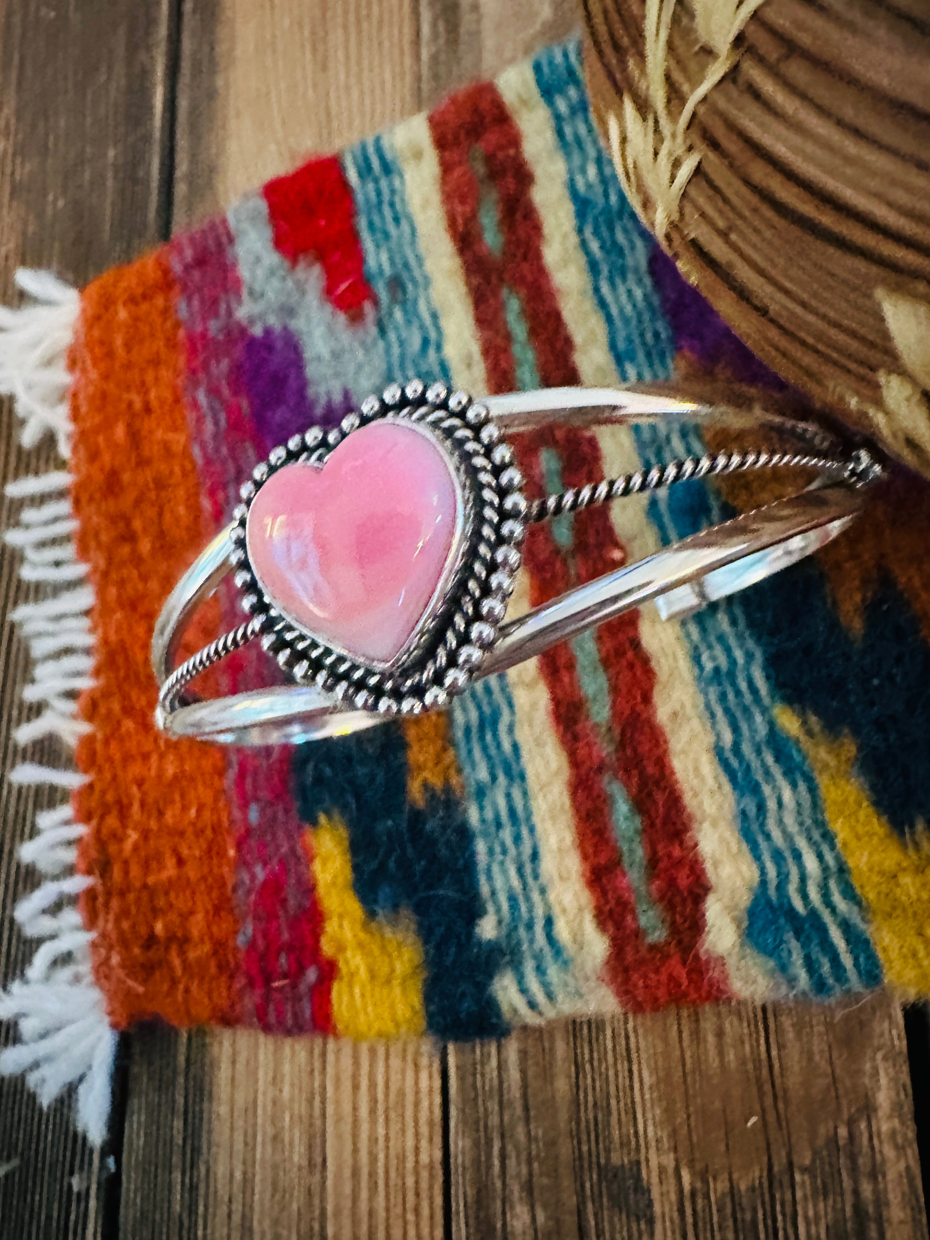 Handcrafted Queen Pink Conch & Sterling Silver Heart Cuff Bracelet