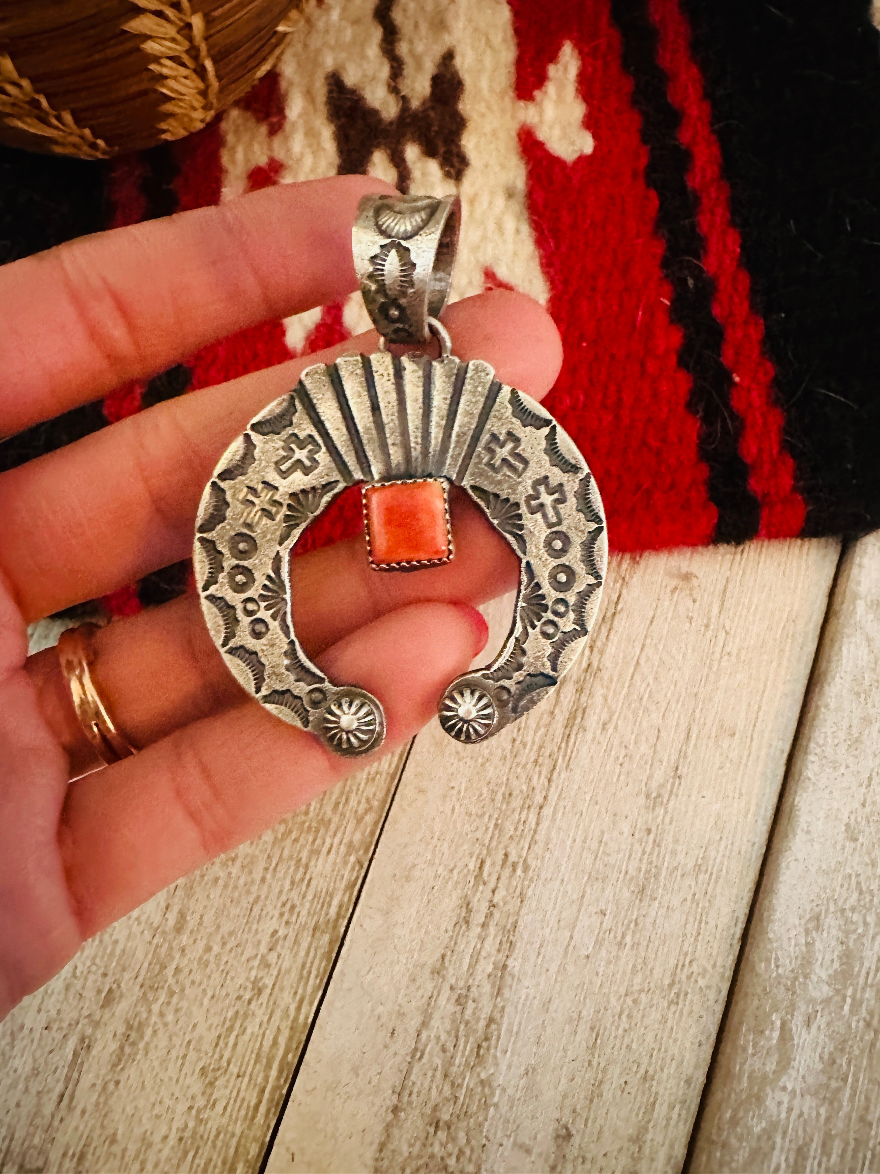 Navajo Sterling Silver & Orange Spiny Naja Pendant by Kevin Billah