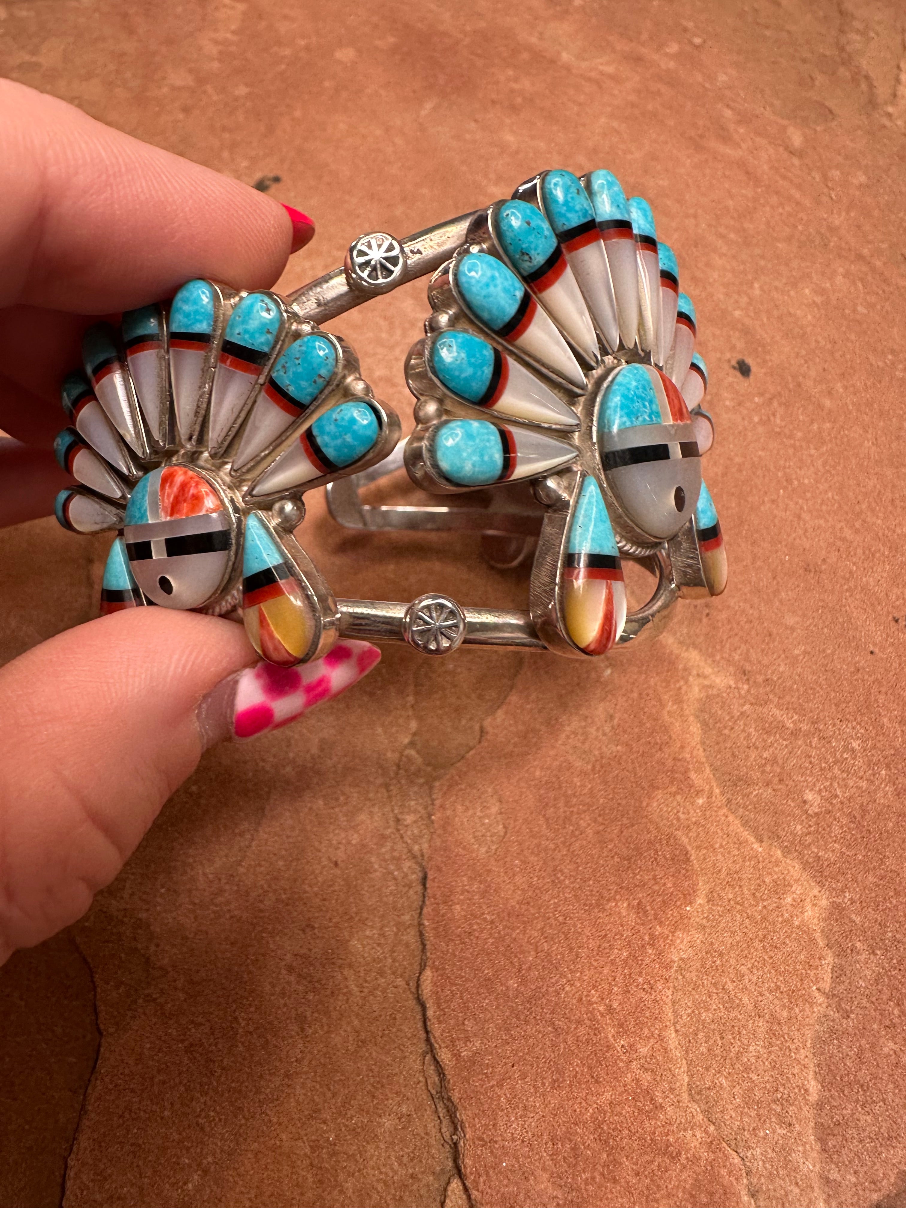 Handmade Sterling Silver Multi Stone Southwest Inlay Sunface Cuff