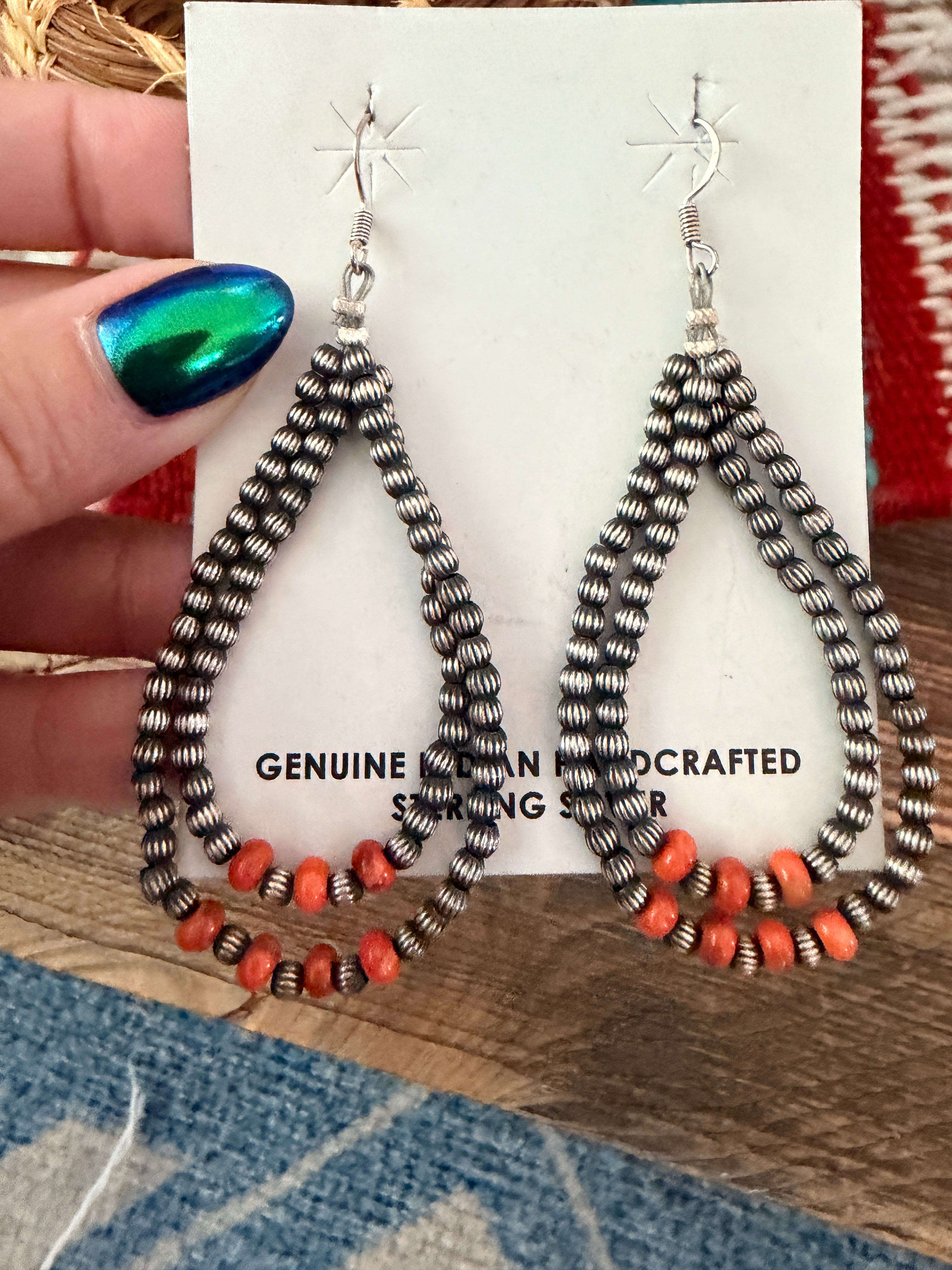 Handcrafted Sterling Silver Melon Bead & Spiny Oyster Dangle Hoop Earrings