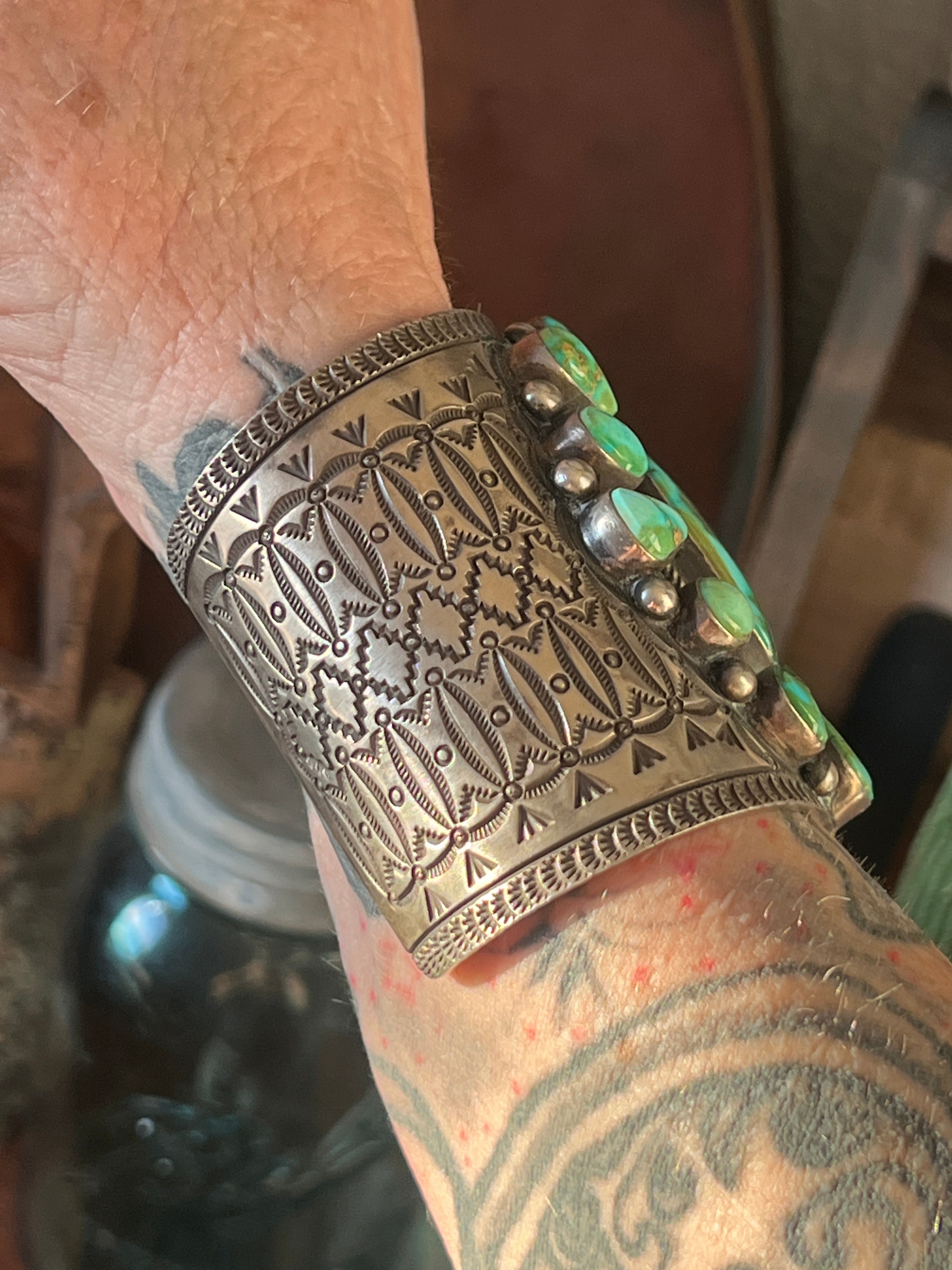 Handcrafted Hefty Sterling Silver and Sonoran Turquoise Cuff Bracelet by Herman Smith /