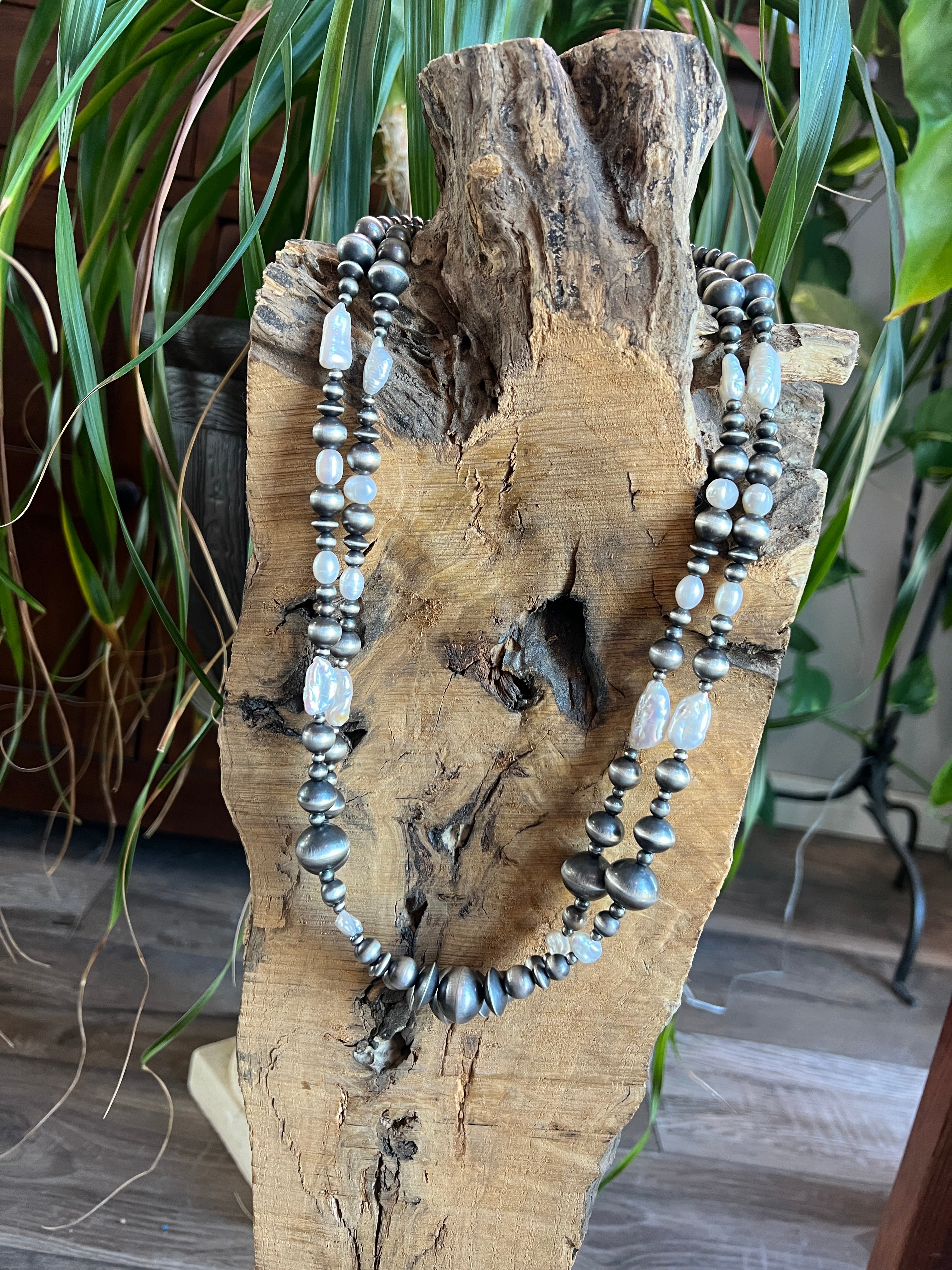 Handcrafted Sterling Silver and Freshwater Pearl Handmade Beaded Necklace by Rose Martin, 26 Inches