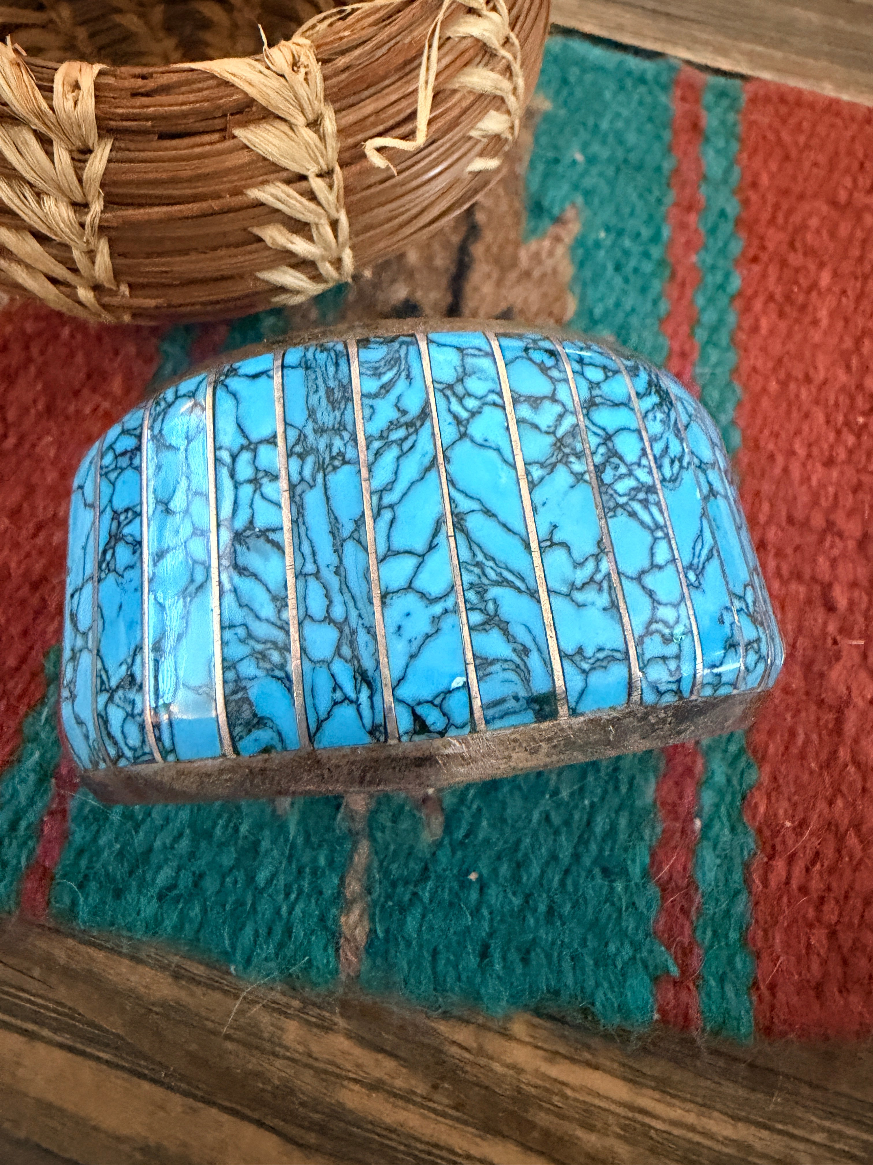Handcrafted Old Pawn Sterling Silver, Turquoise & Spiny Oyster Inlay Cuff Bracelet