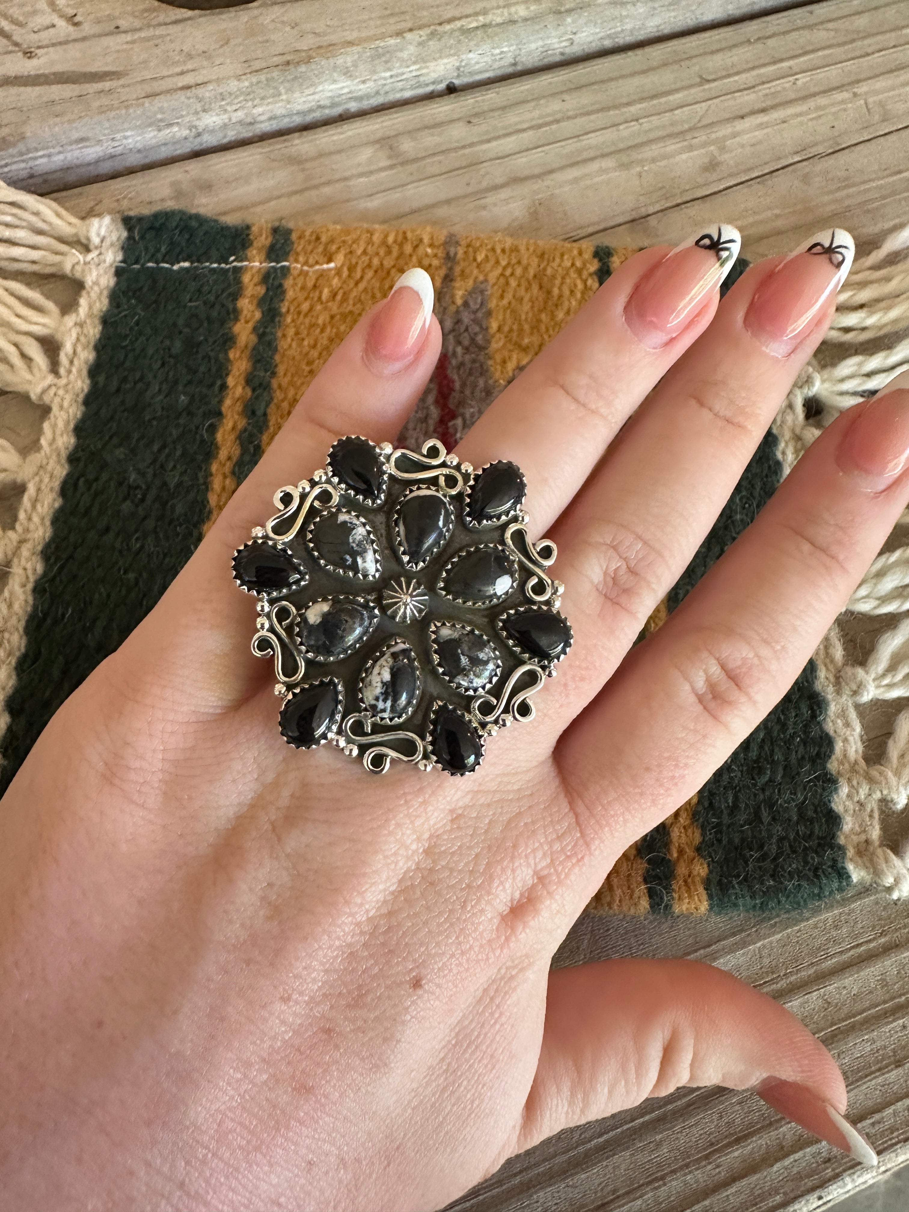 Beautiful Handmade White Buffalo, Onyx And Sterling Silver Adjustable Ring