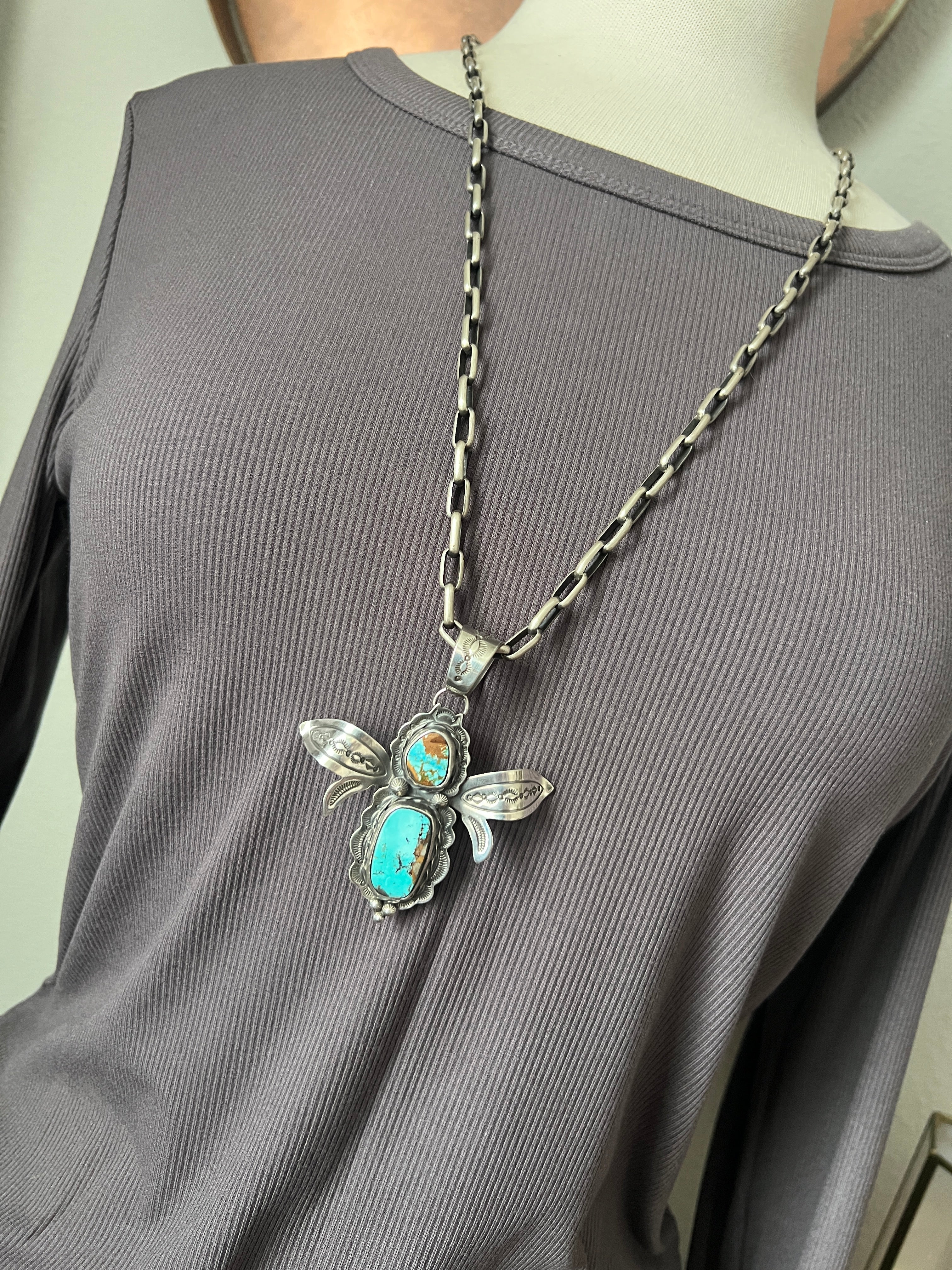 Sterling Silver and Turquoise Winged Bug Pendant by Kimari Somers