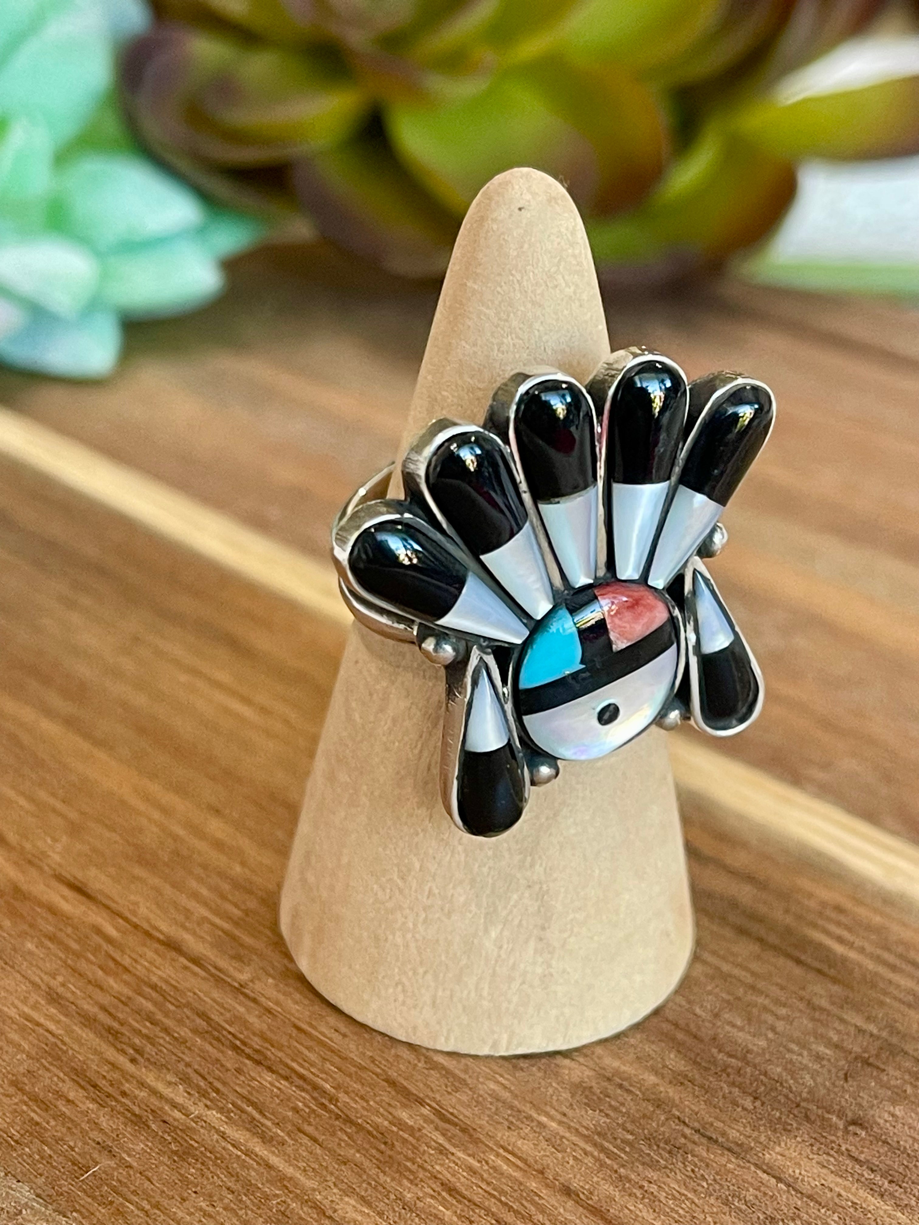 Handmade Multi Stone Southwestern Sunface And Sterling Silver Adjustable Ring