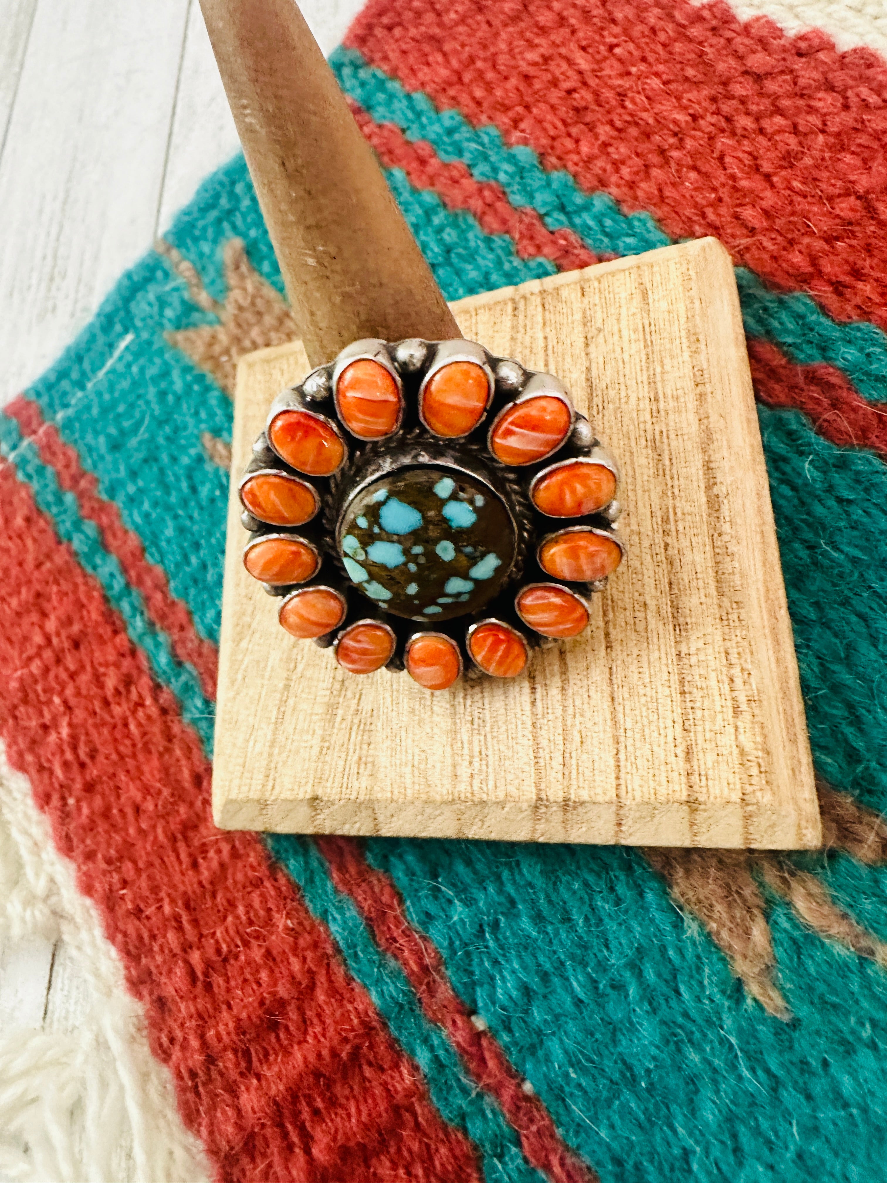 Navajo Sterling Silver, Orange Spiny & Turquoise Cluster Adjustable Ring