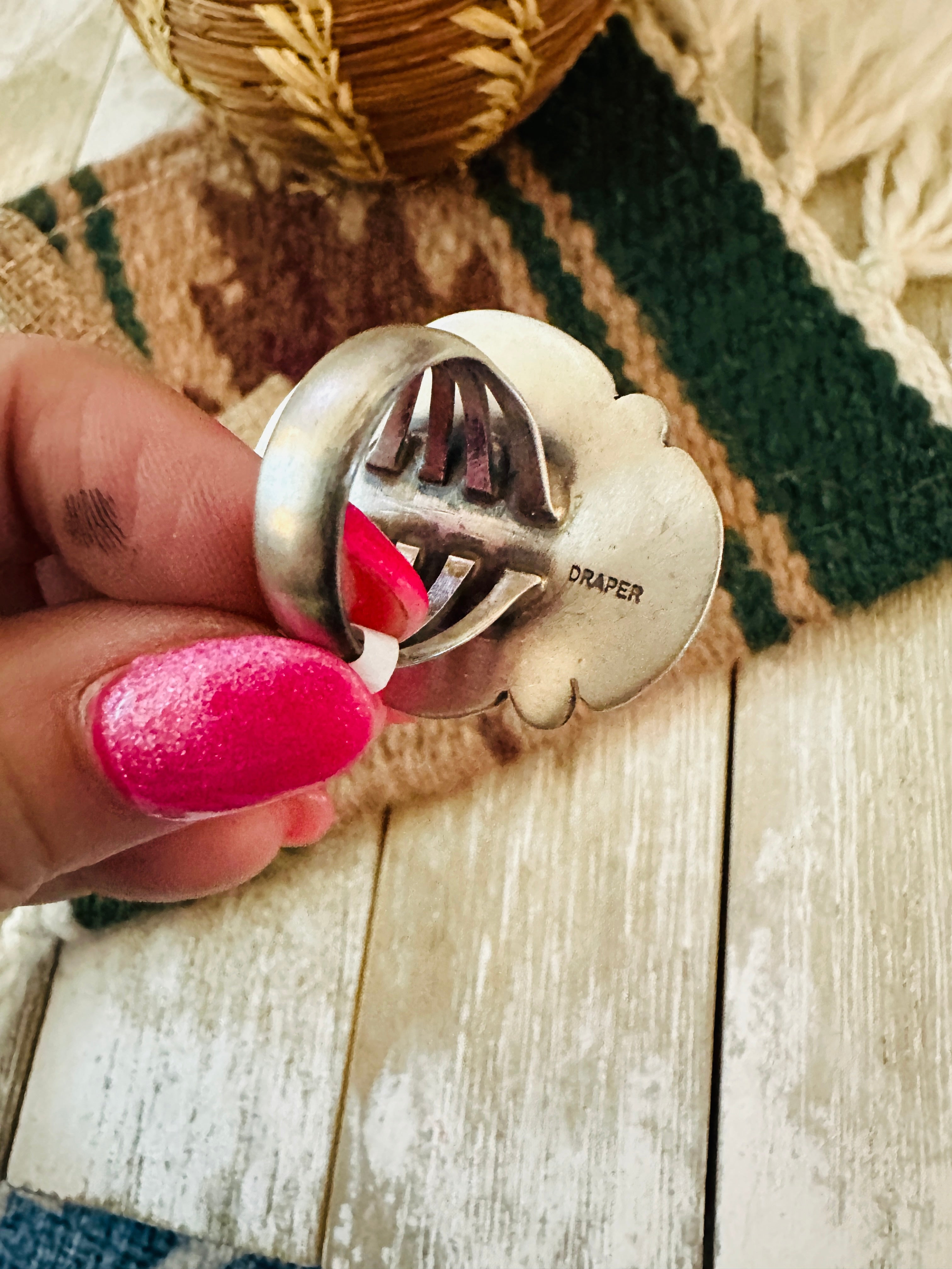 Handcrafted Sterling Silver & Ribbon Turquoise Ring Size 7.75