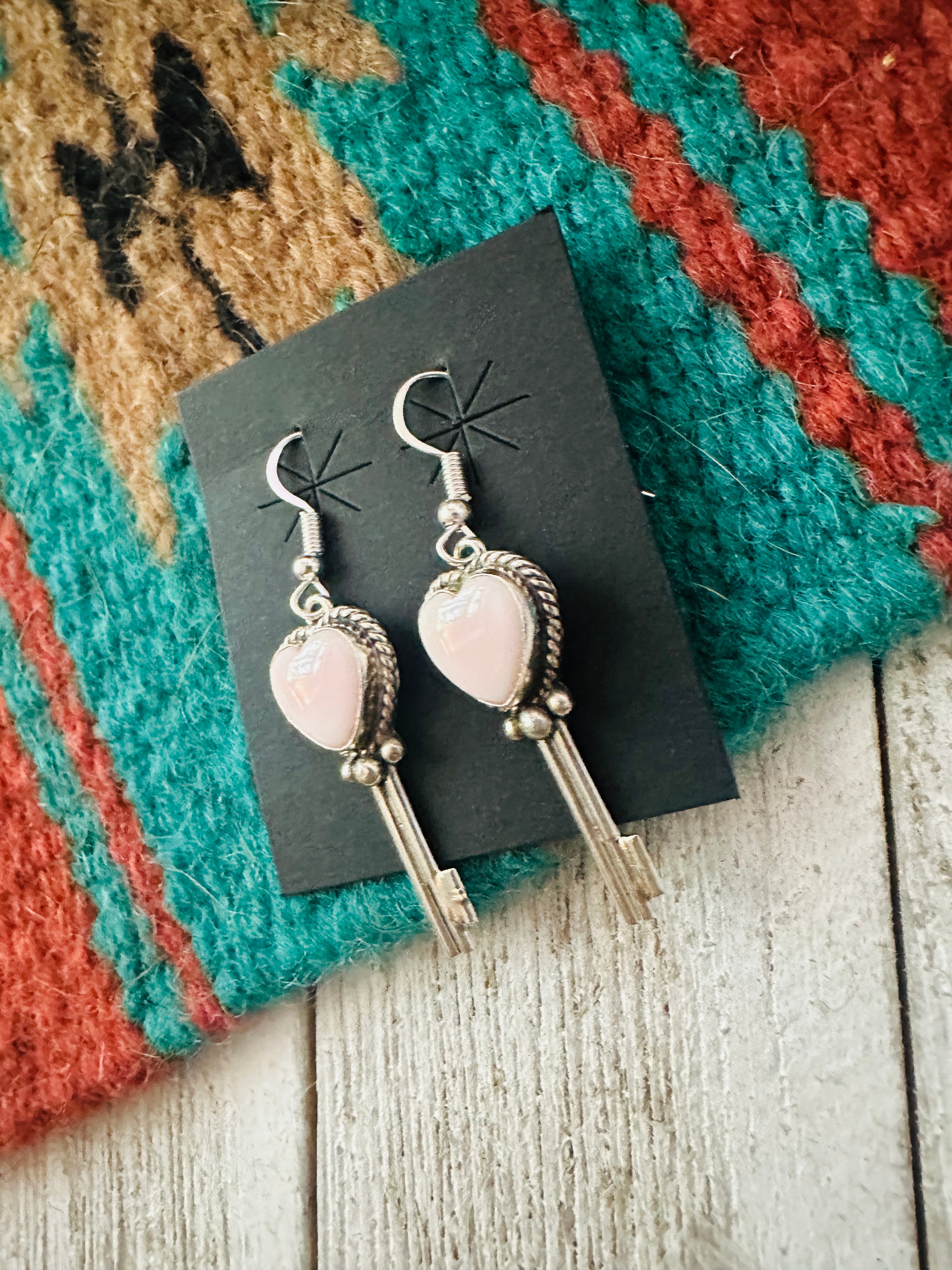 Navajo Queen Pink Conch & Sterling Silver Heart Dangle Earrings