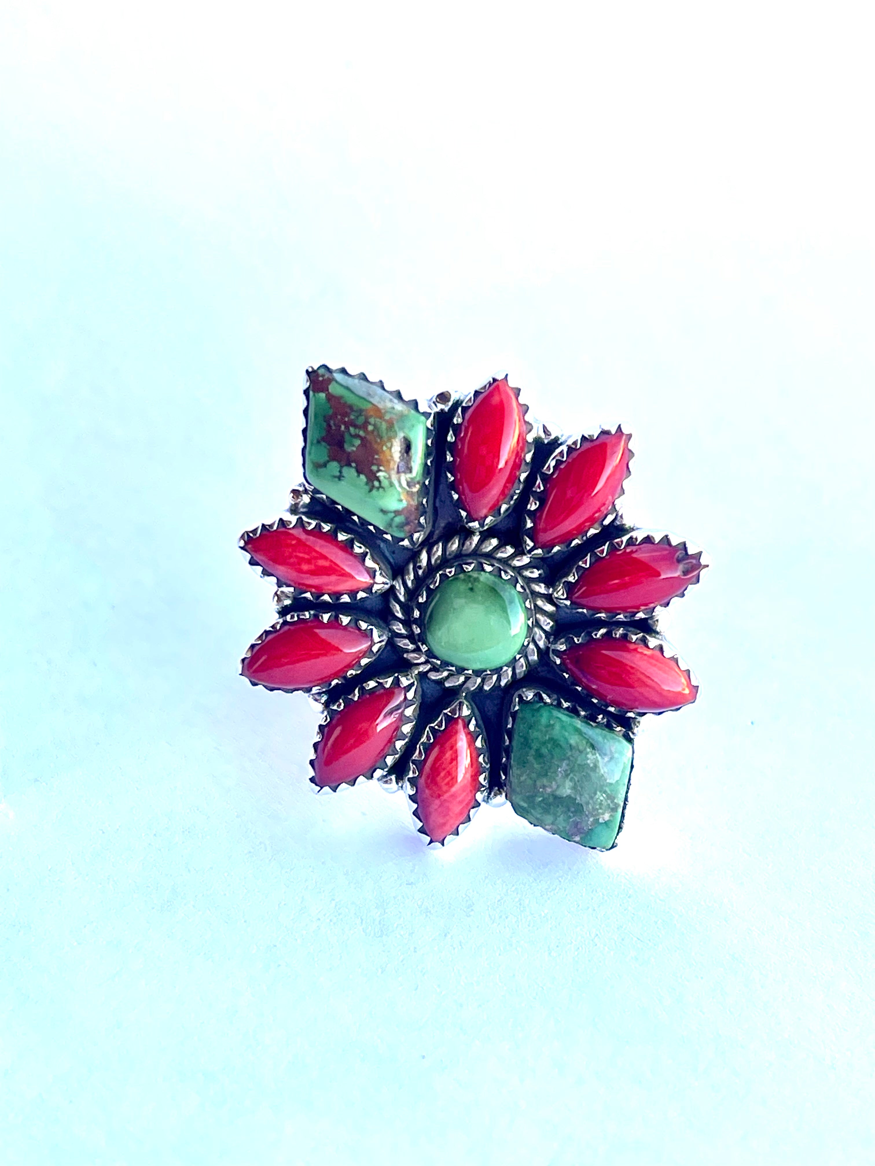 Beautiful Handmade Sonoran Turquoise, Coral And Sterling Silver Christmas Collection Adjustable Ring