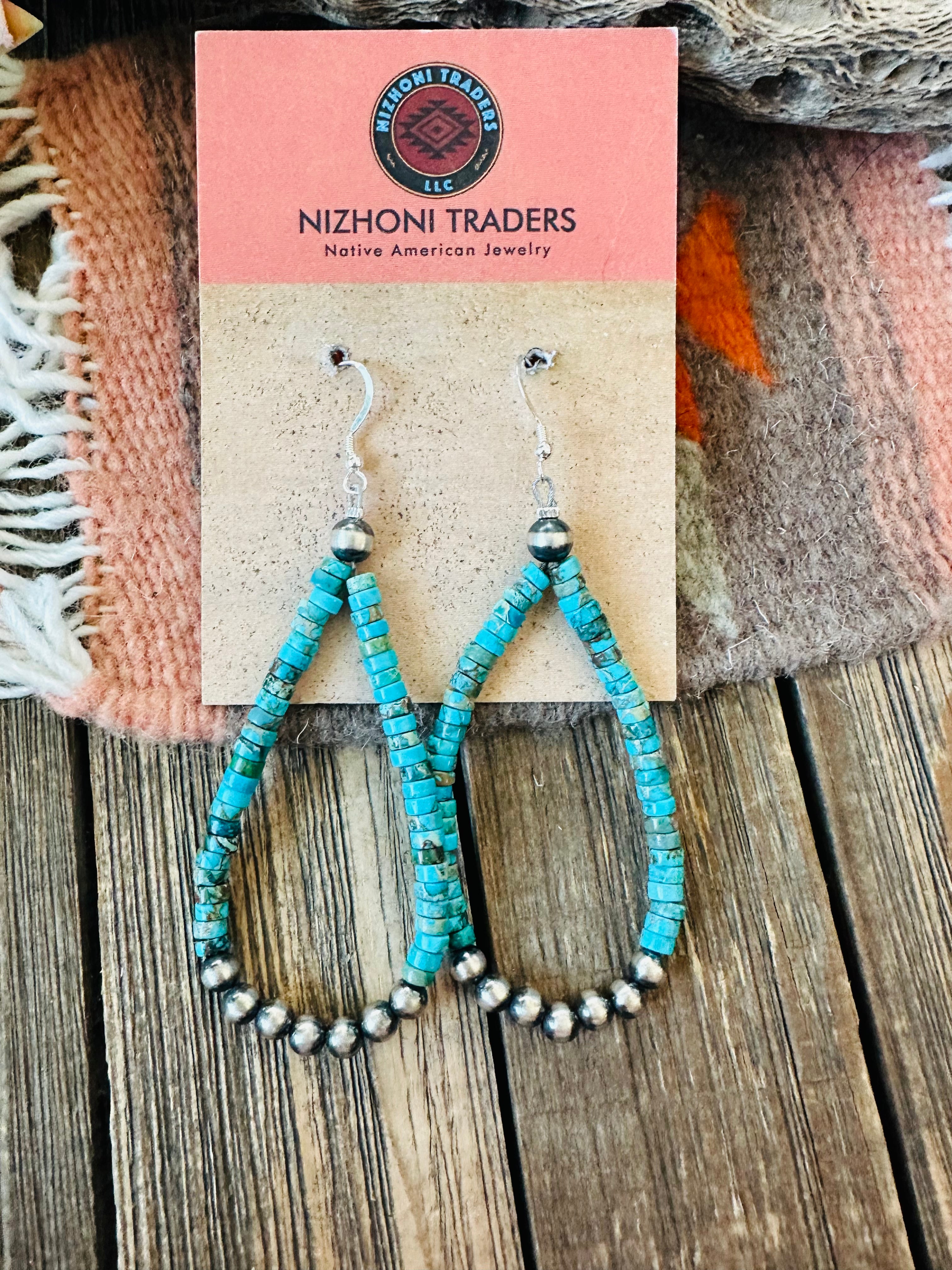 Navajo Turquoise & Sterling Silver Pearl Beaded Hoop Earrings