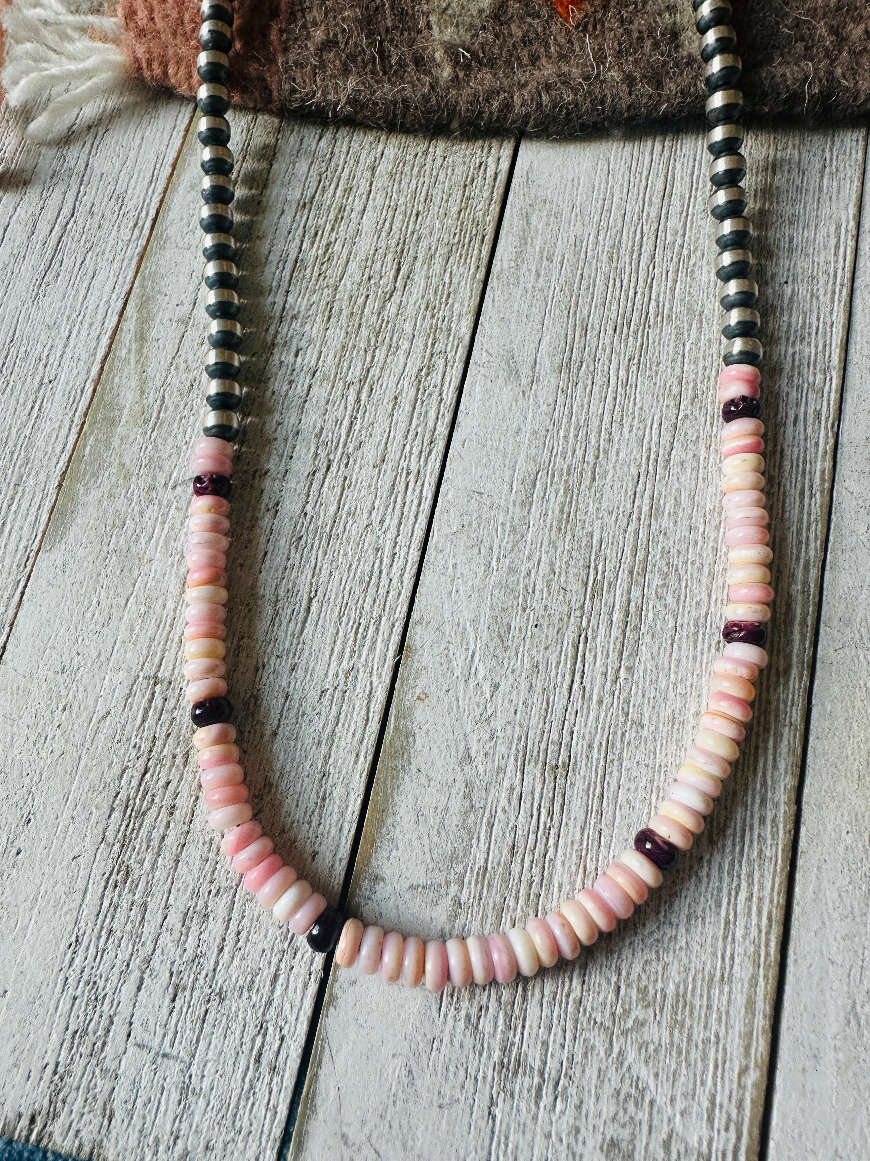 Navajo Sterling Silver Pearl, Queen Pink Conch & Spiny Beaded 30” Necklace