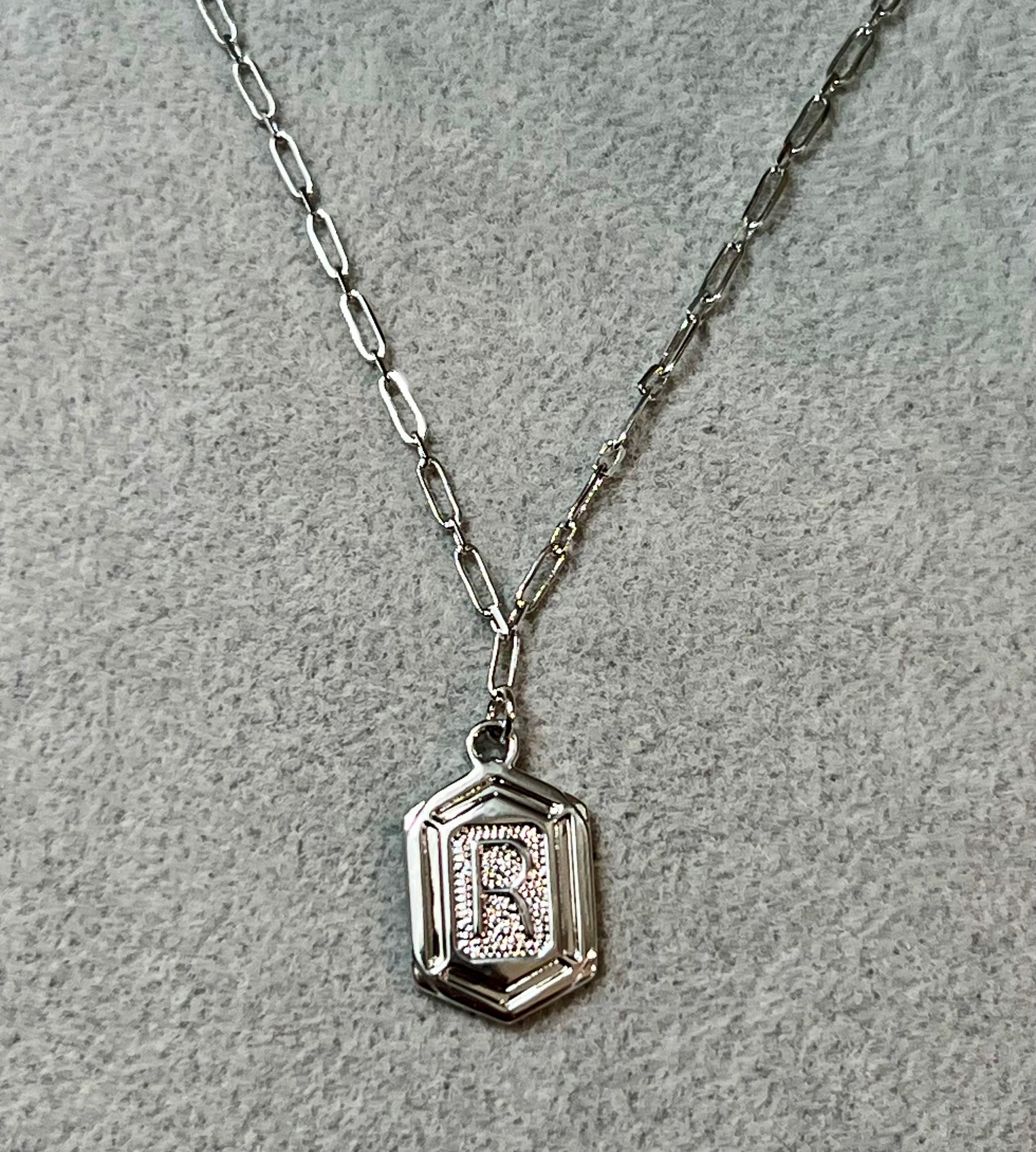 Hexagon Tag Initial “R” Pendant Necklace