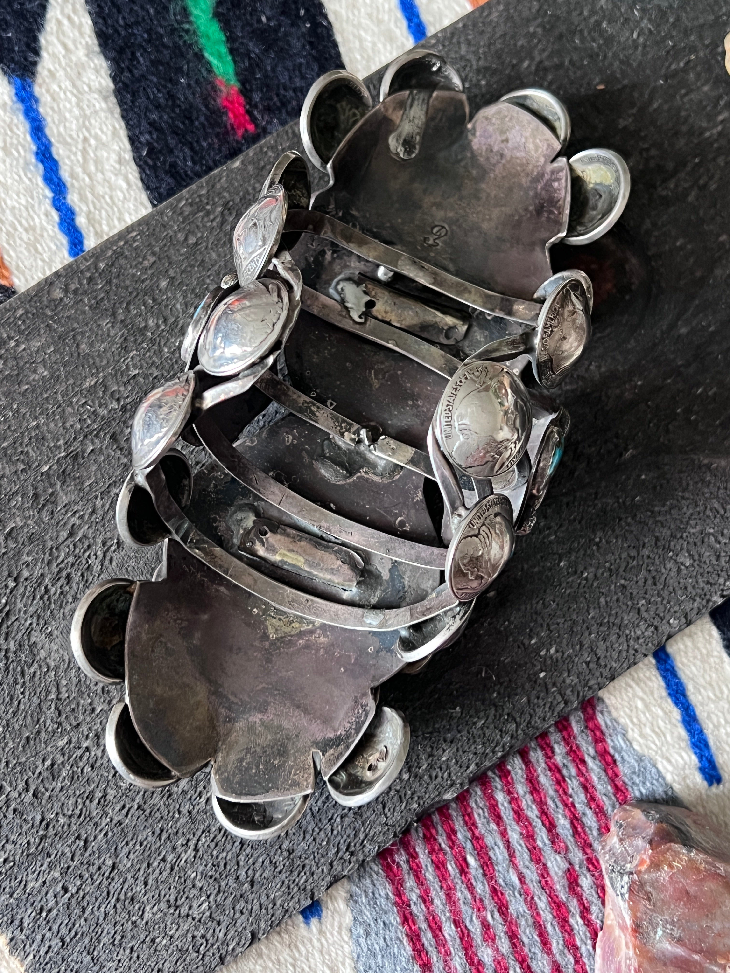 Insane Old Pawn Sterling Silver, Morgan Dollar, Buffalo Nickel and Turquoise Cuff Bracelet