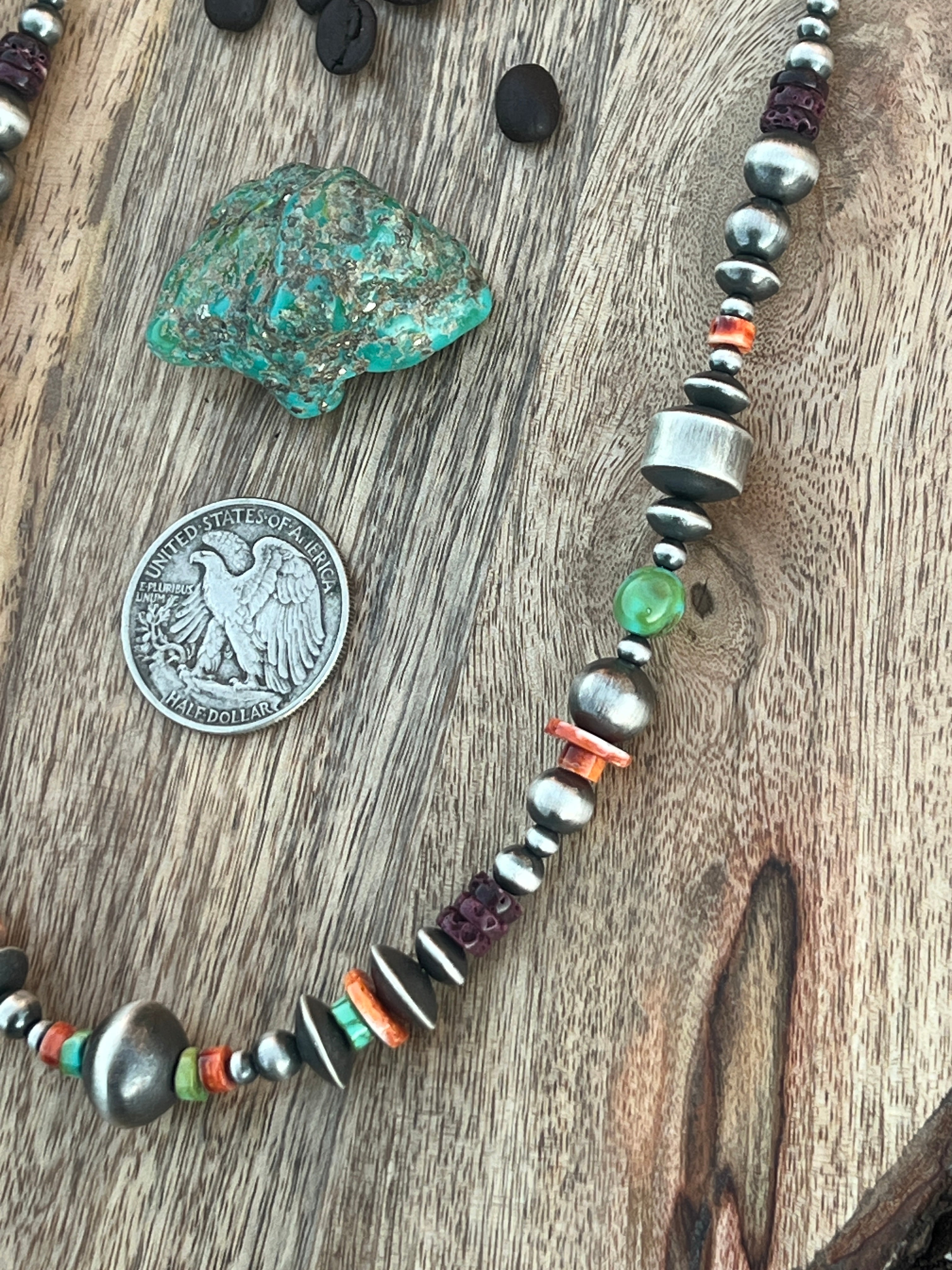 Rose Martin Electric Rainbow Sterling Silver, Turquoise and Spiny Oyster Single Strand Beaded Necklace, 22 inches