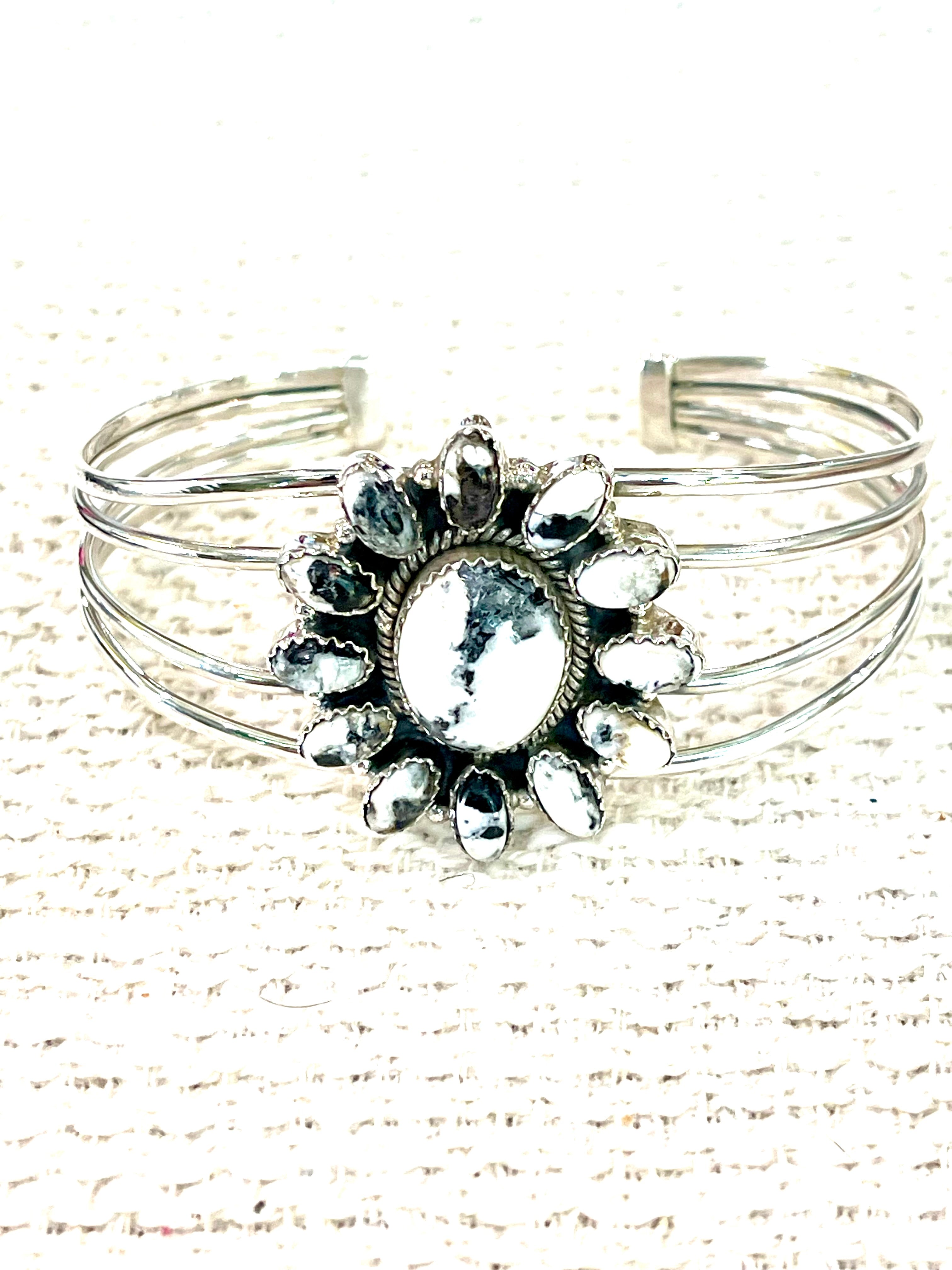 Beautiful Handmade Sterling Silver & White Buffalo Cluster Cuff Bracelet