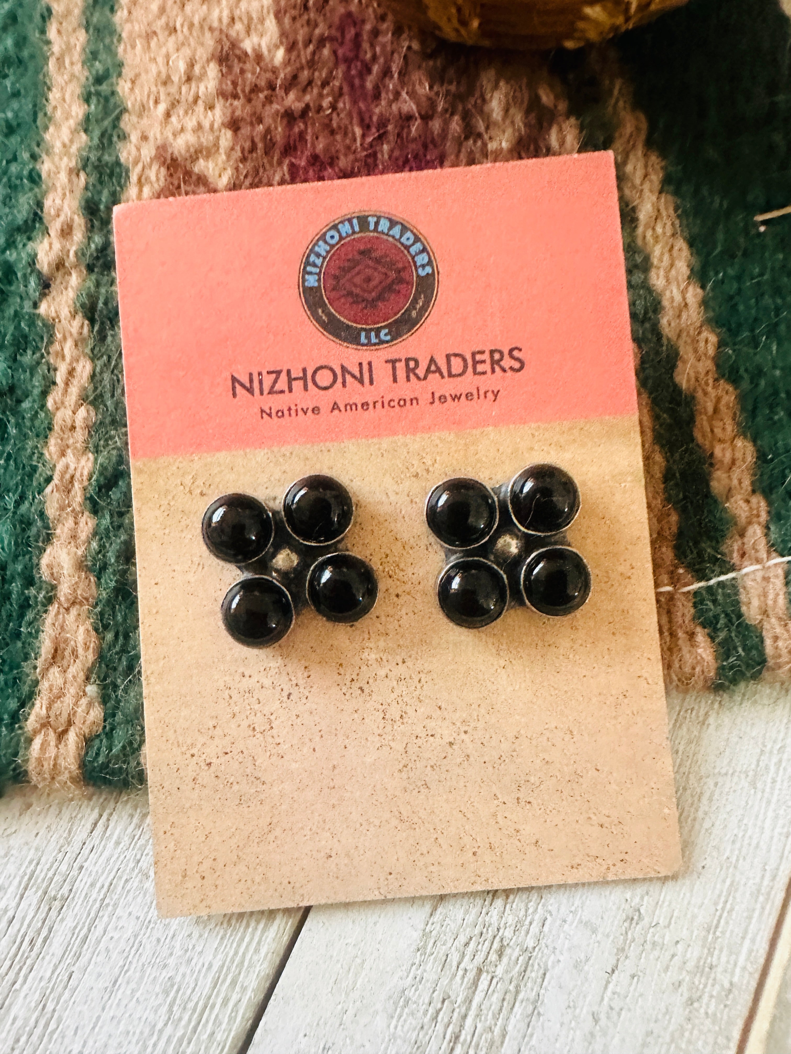 Navajo Onyx & Sterling Silver Cluster Post Earrings