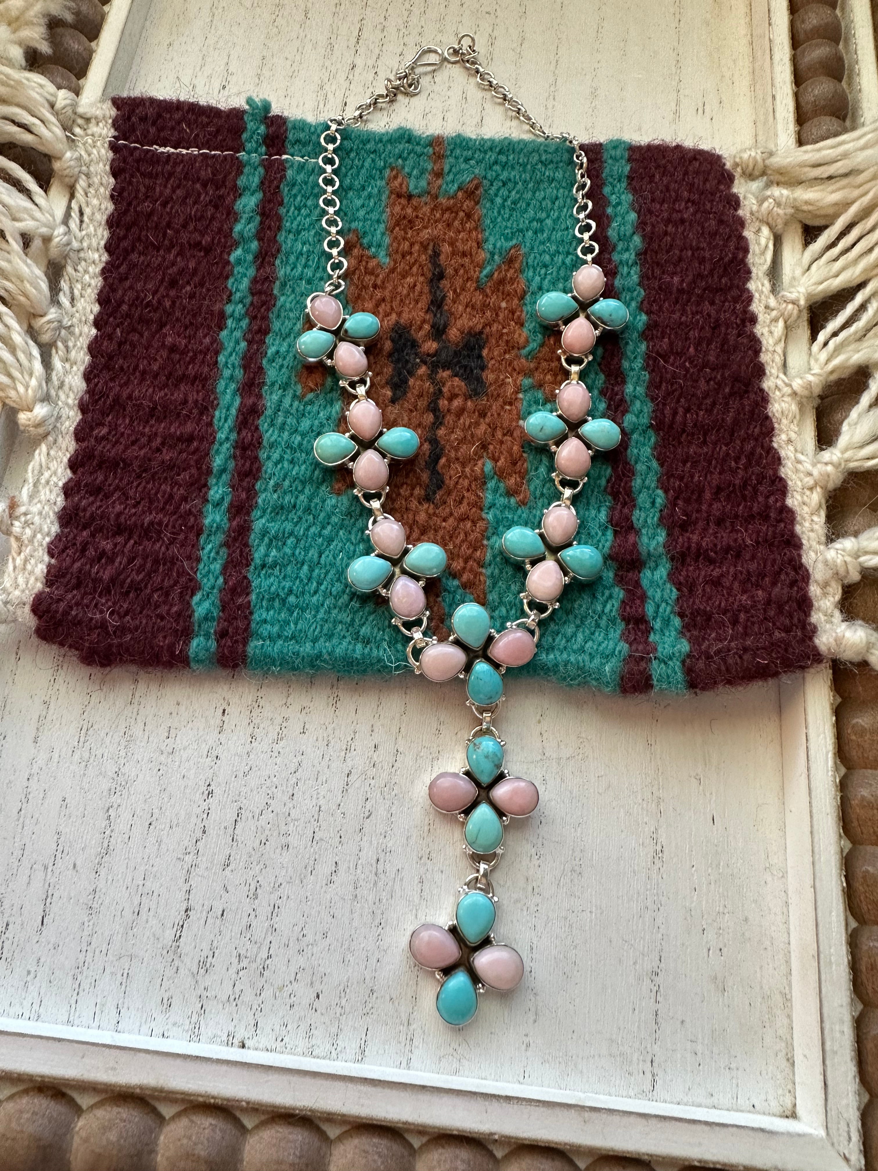 “Turquoise Stallion” Handmade Sterling Silver, Turquoise & Pink Conch Necklace Set Signed Nizhoni