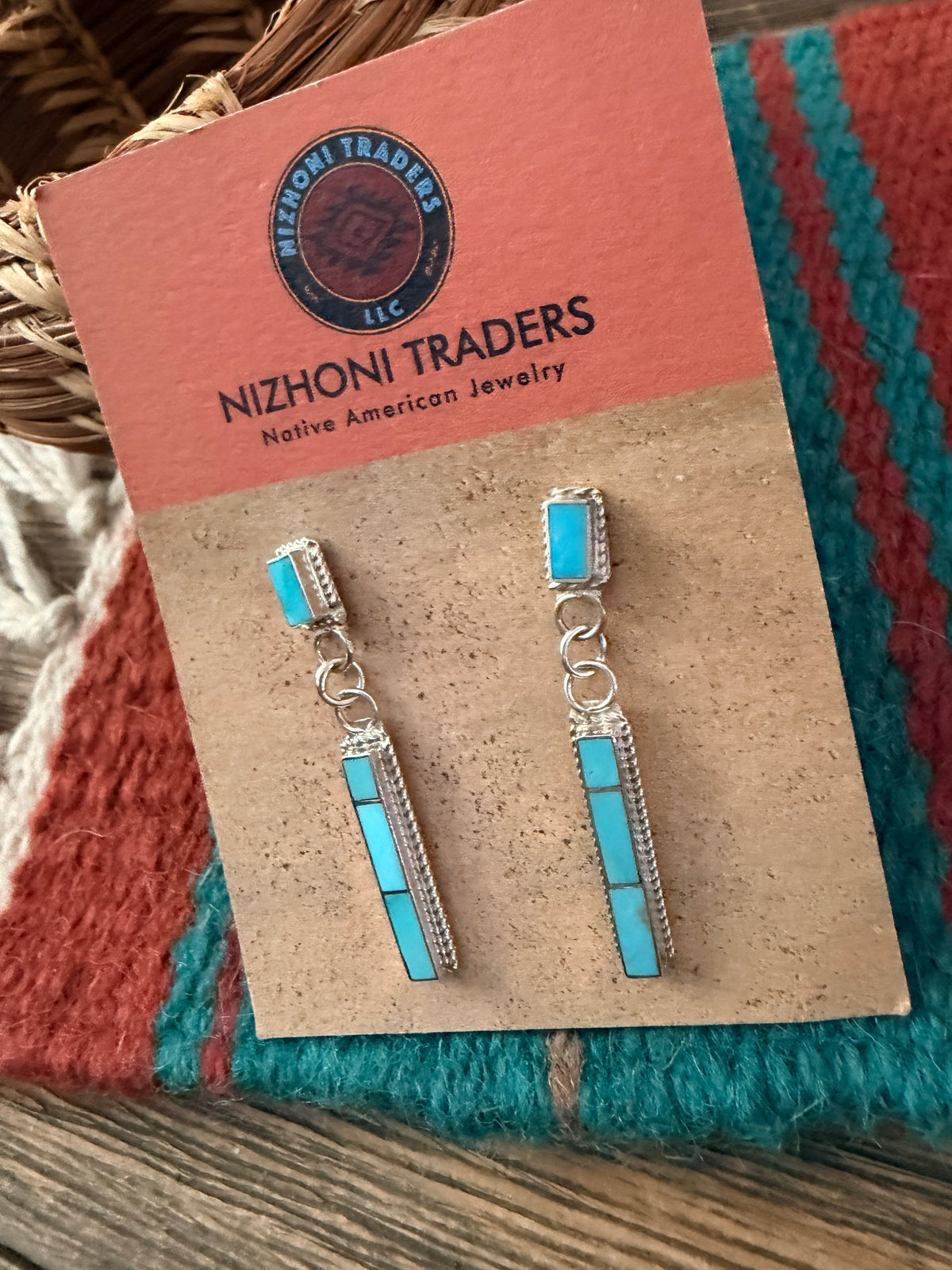 Handcrafted Turquoise & Sterling Silver Inlay Dangle Earrings