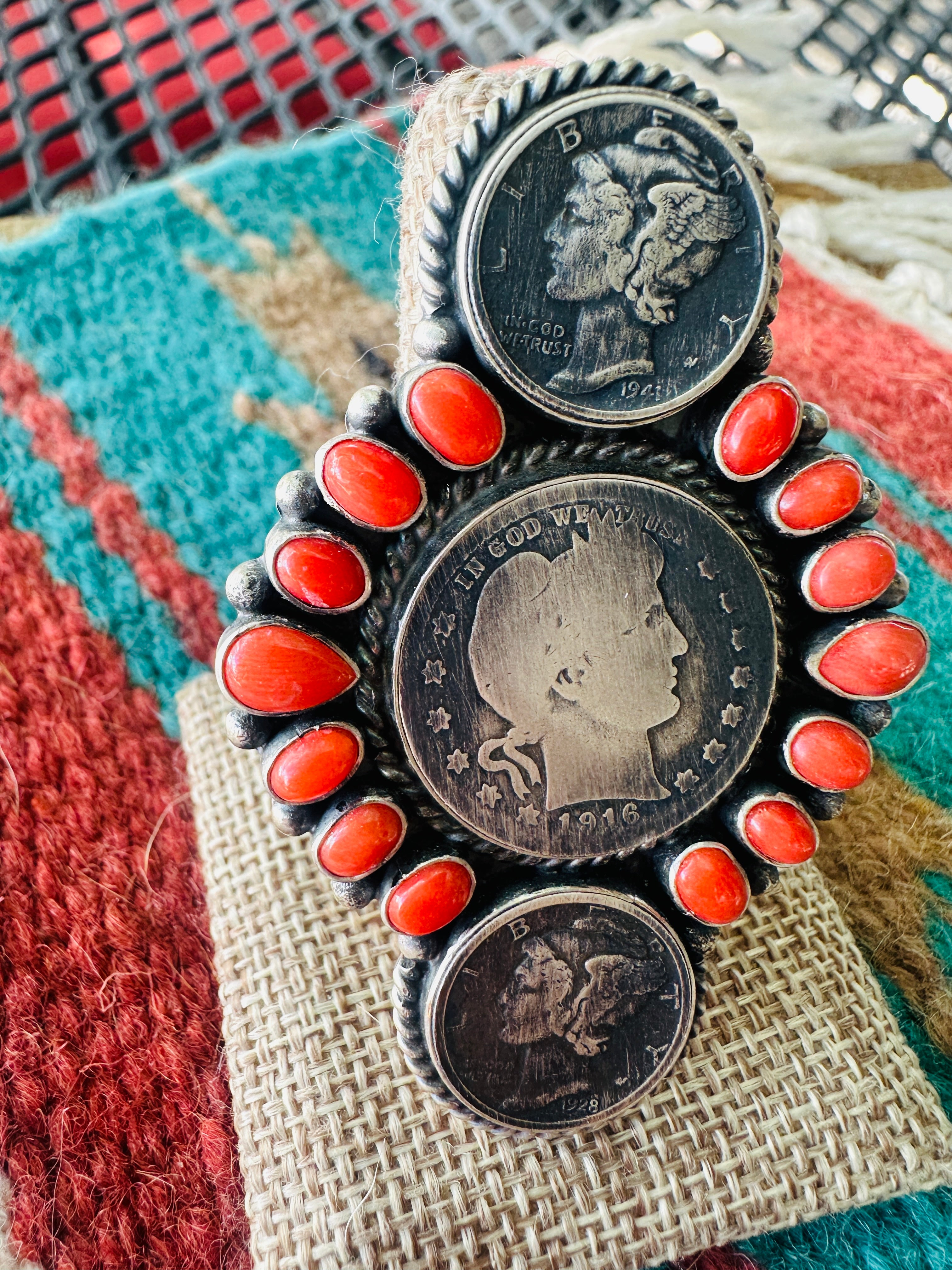 Handcrafted Sterling Silver & Coral Coin Ring Size 9