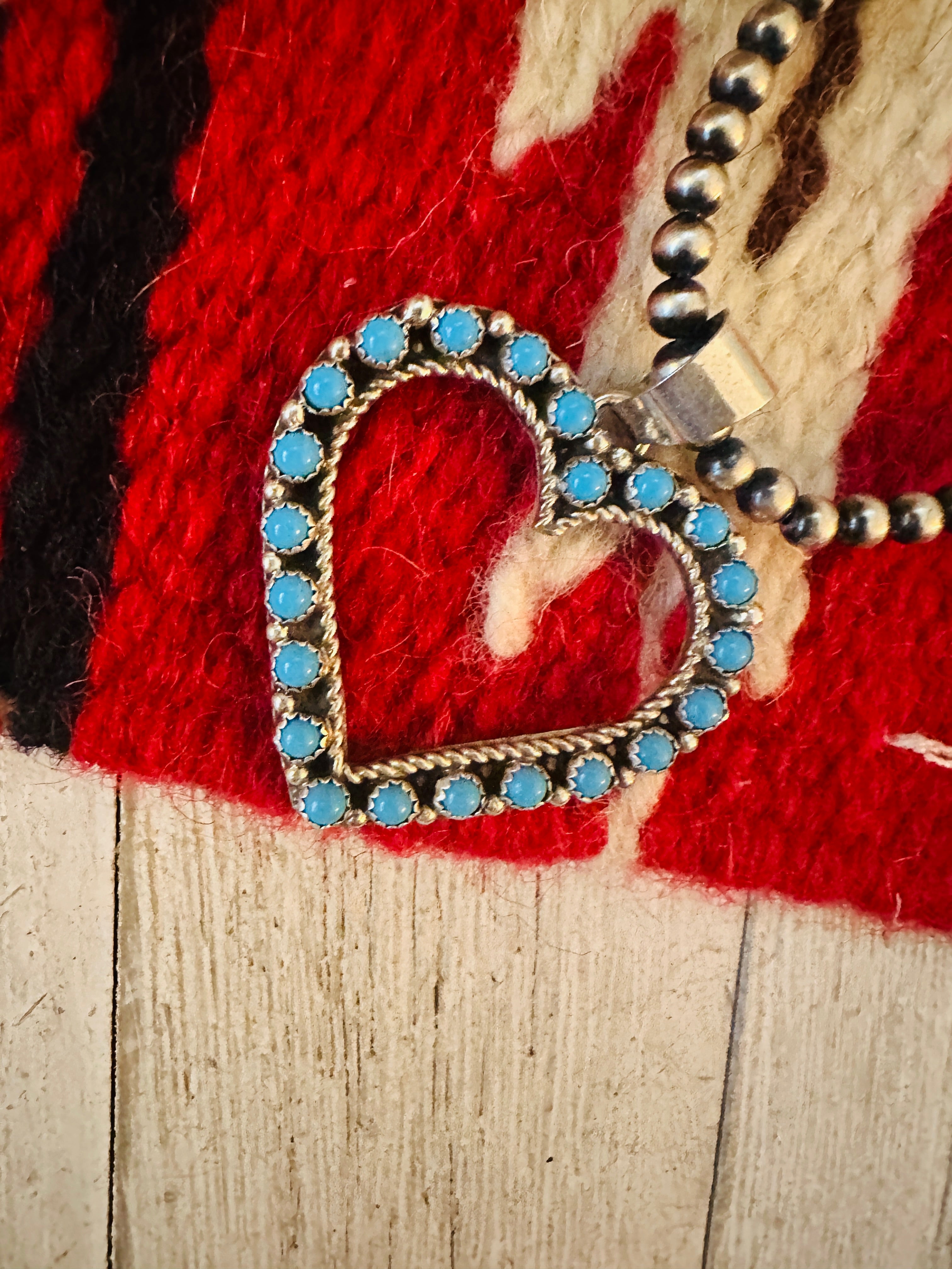 Zuni Sterling Silver & Turquoise Petit Point Heart Pendant