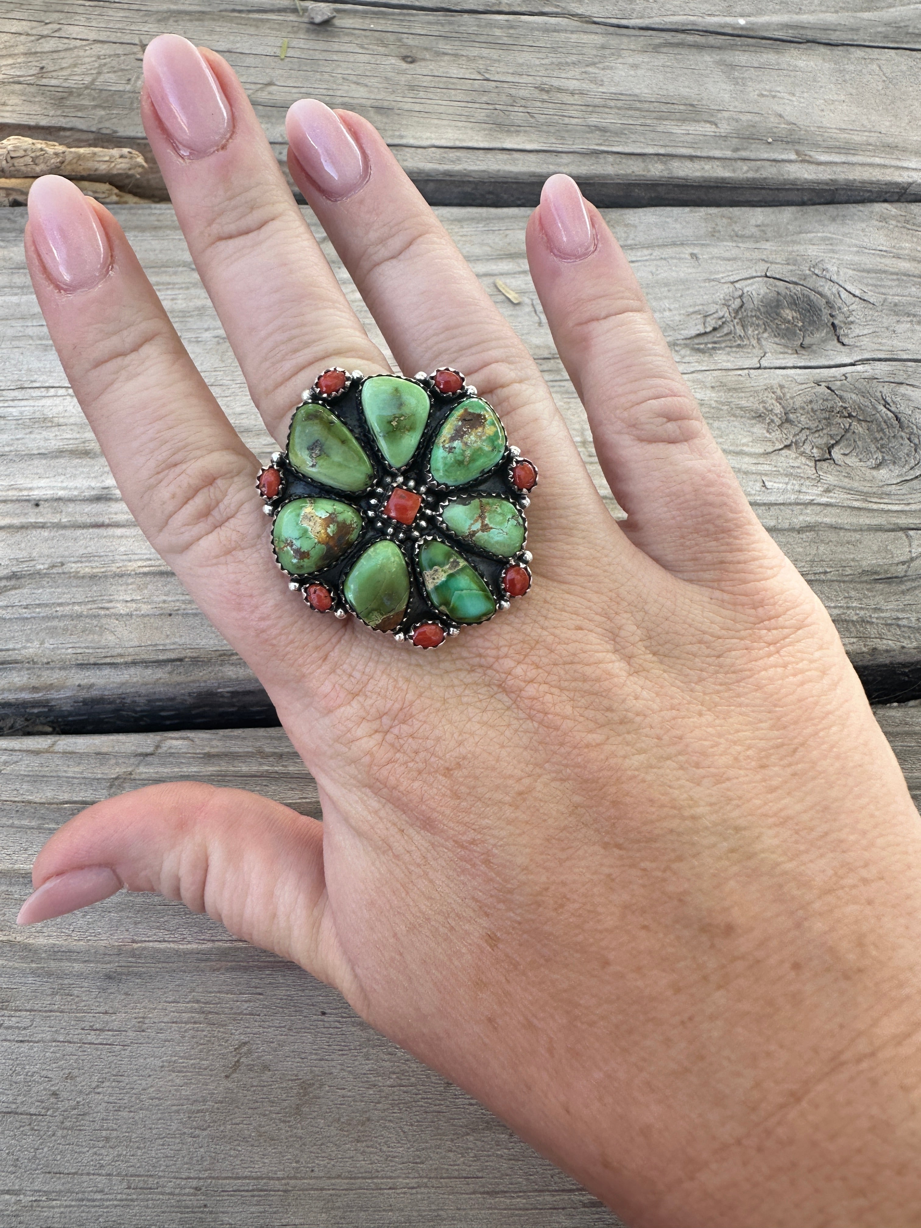 Beautiful Handmade Coral, Sonoran Turquoise And Sterling Silver Adjustable Ring 3