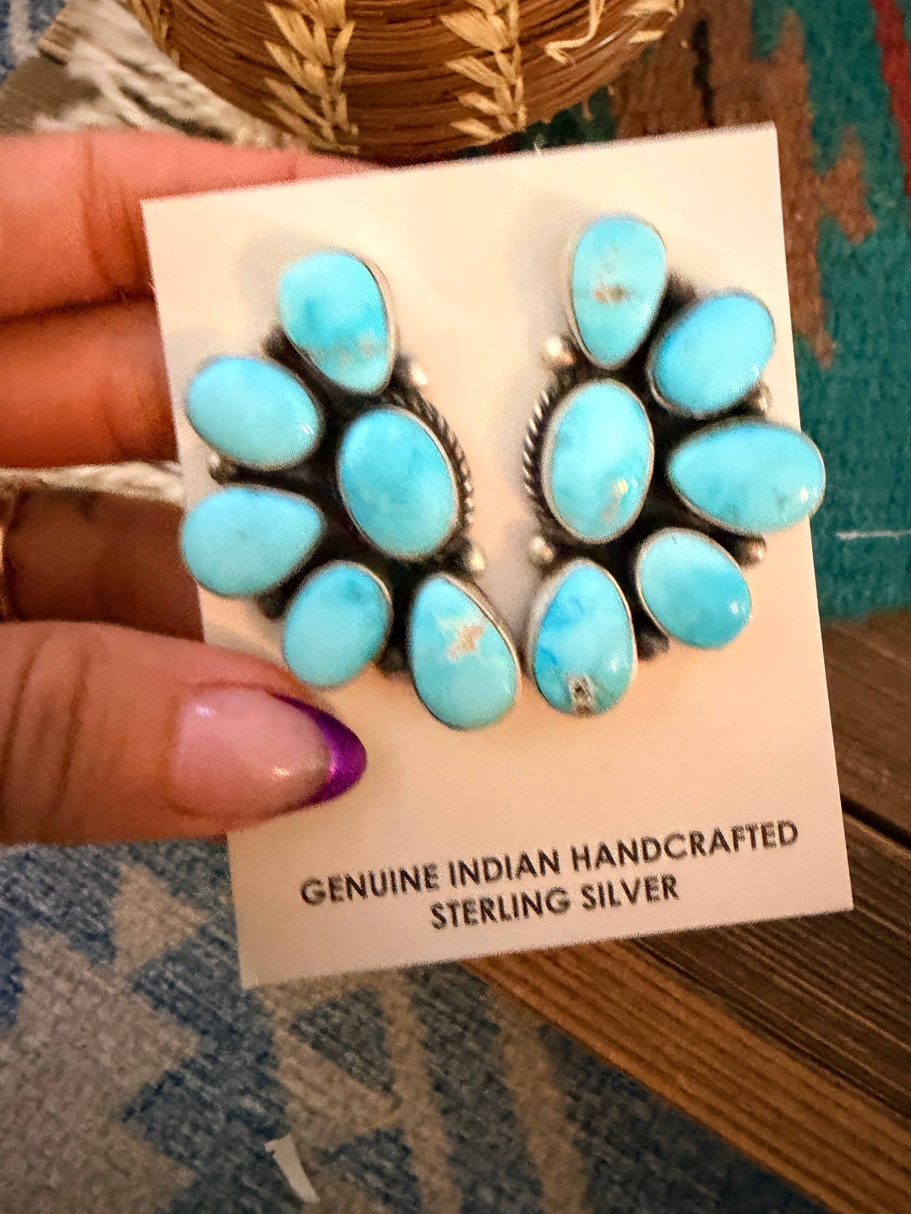 Handcrafted Sleeping Beauty Turquoise & Sterling Silver Cluster Post Earrings