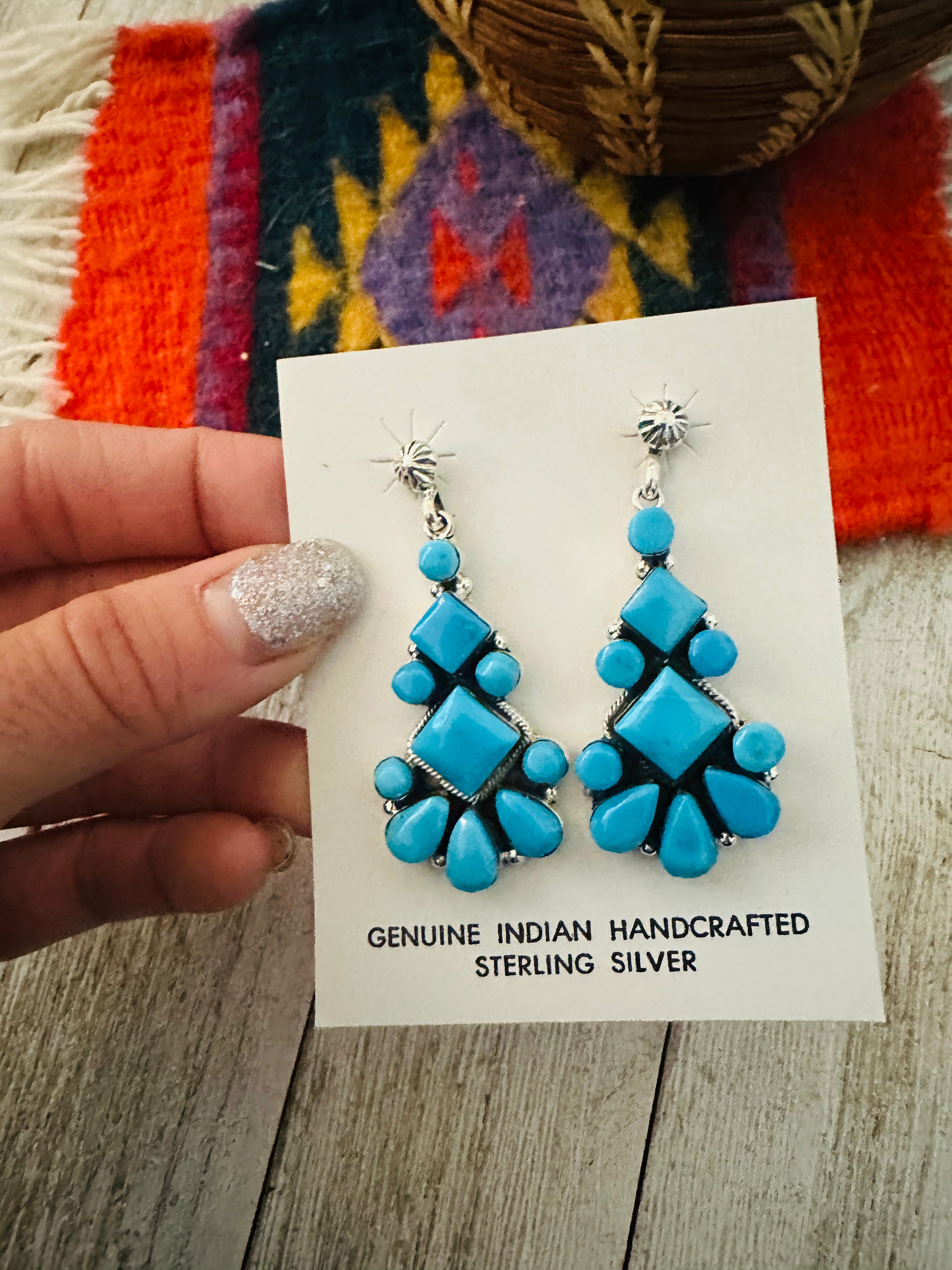 Navajo Sterling Silver & Turquoise Cluster Dangle Earrings