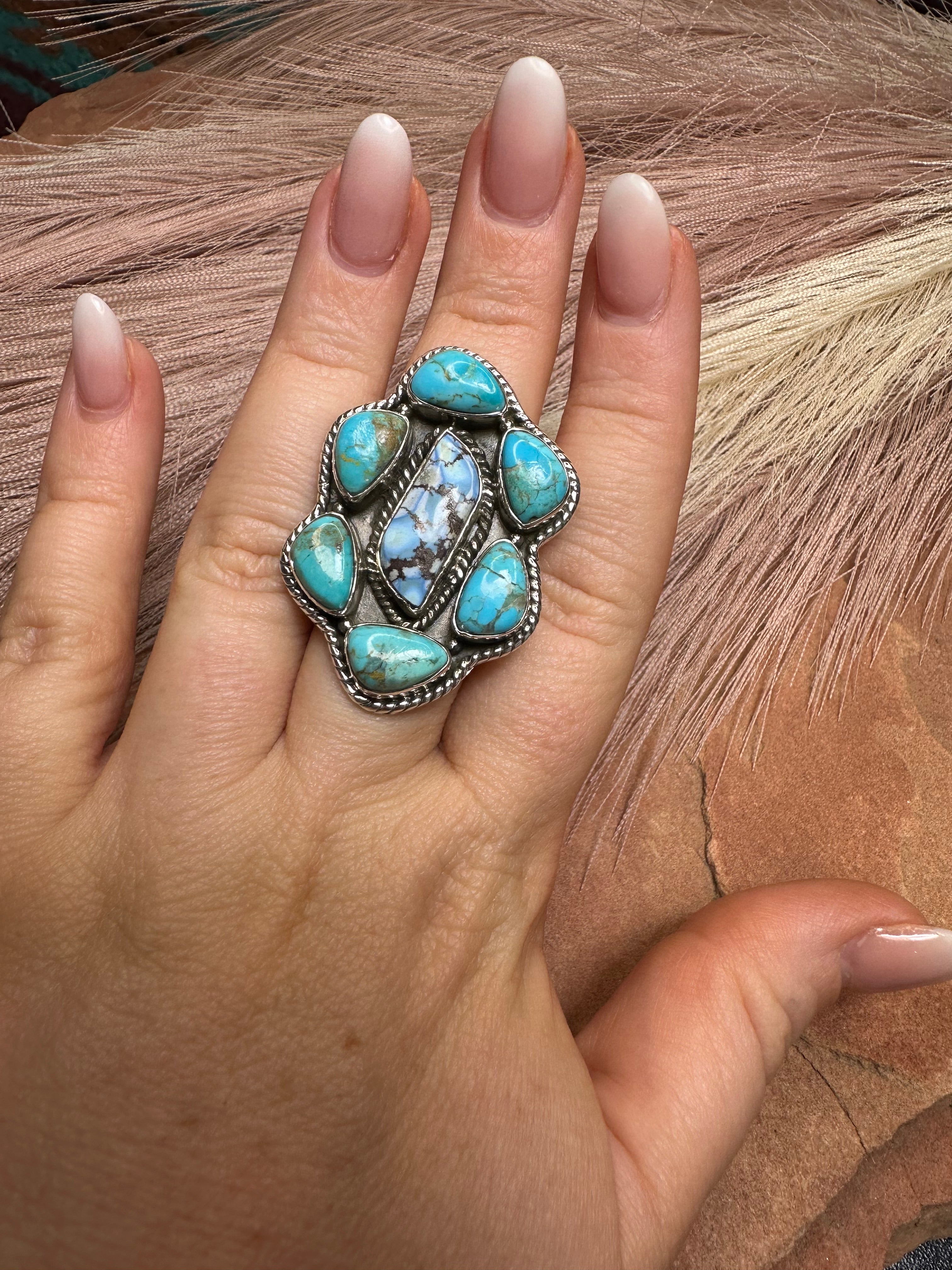 Beautiful Handmade Golden Hills Turquoise, Turquoise And Sterling Silver Adjustable Ring