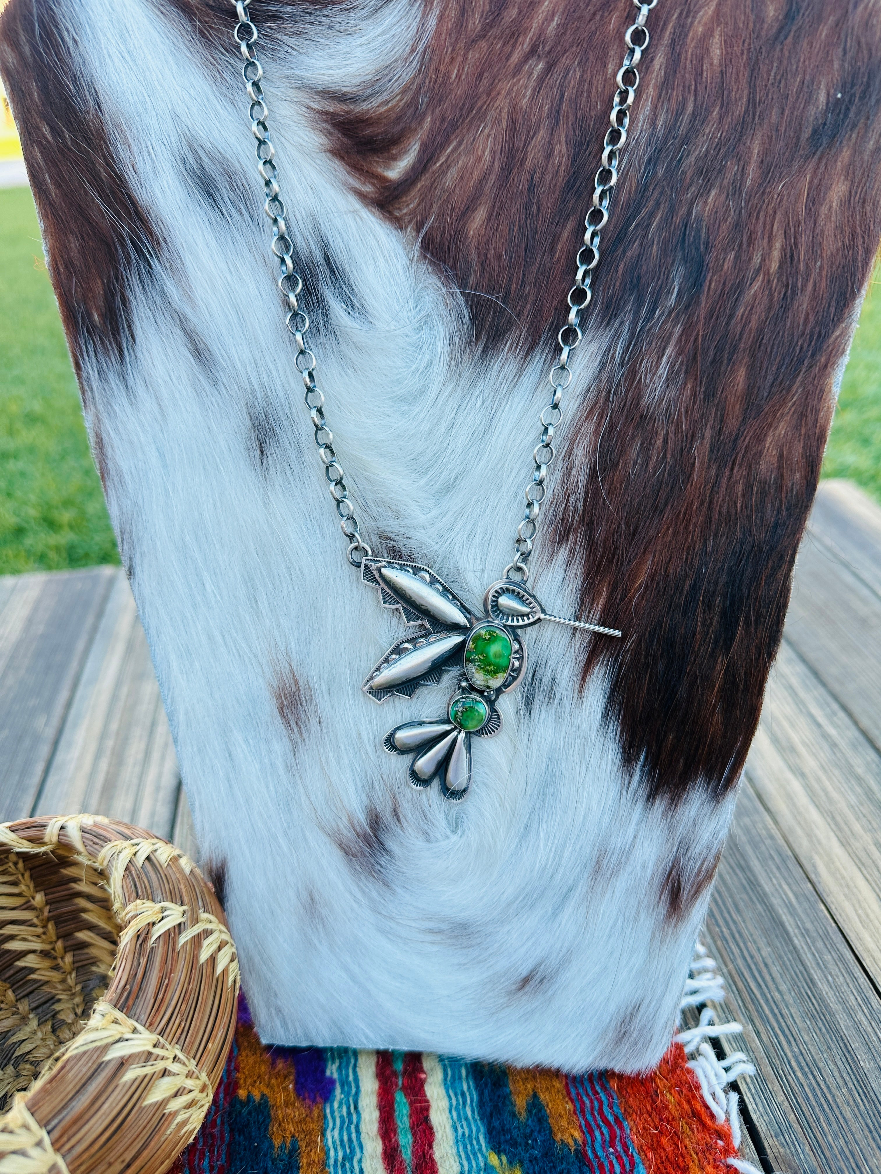 Handcrafted Sonoran Gold Turquoise & Sterling Silver Hummingbird Necklace by Charles Johnson