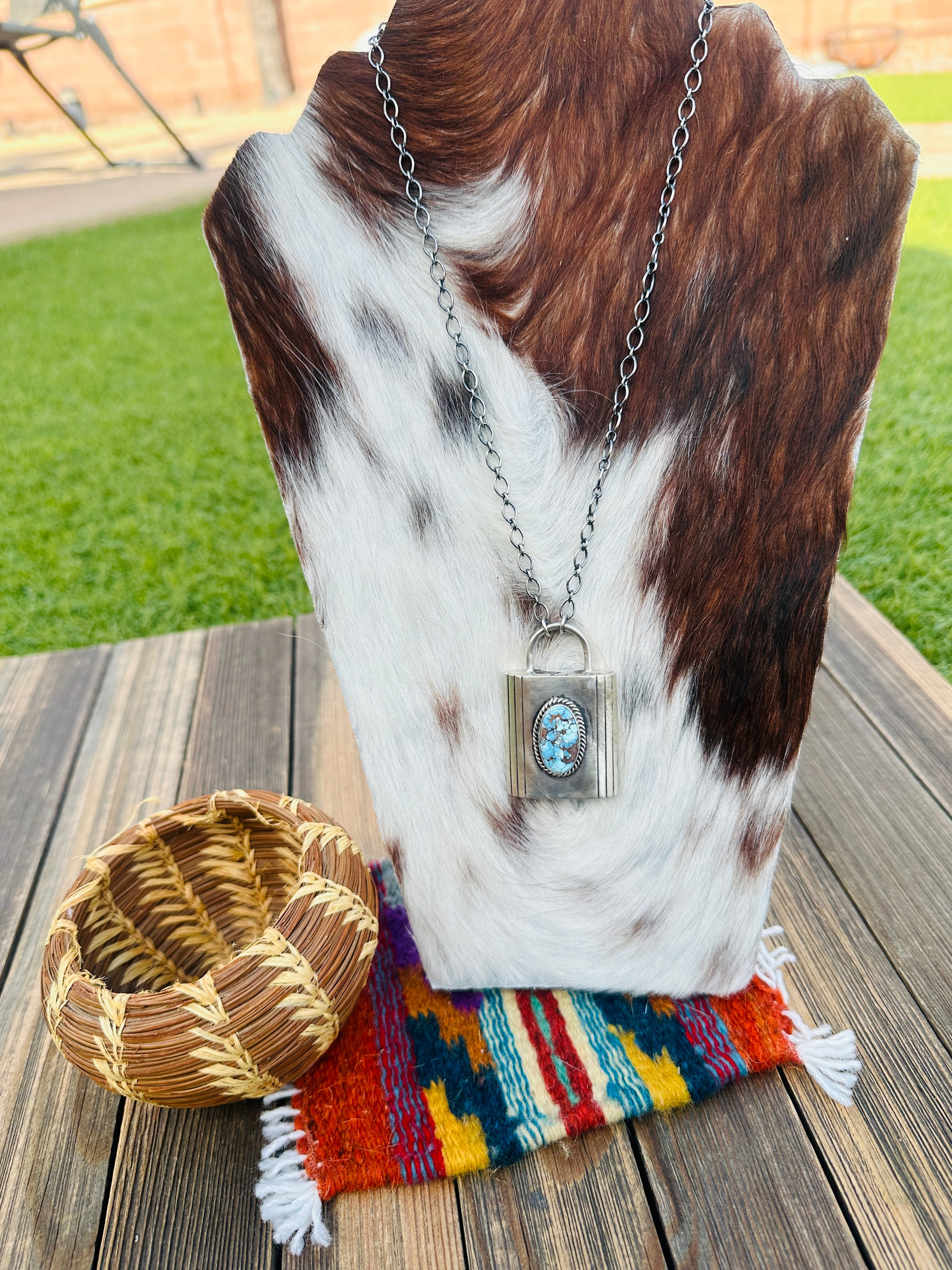 Handcrafted Golden Hills Turquoise & Sterling Silver Locket Style Necklace by Charles Johnson