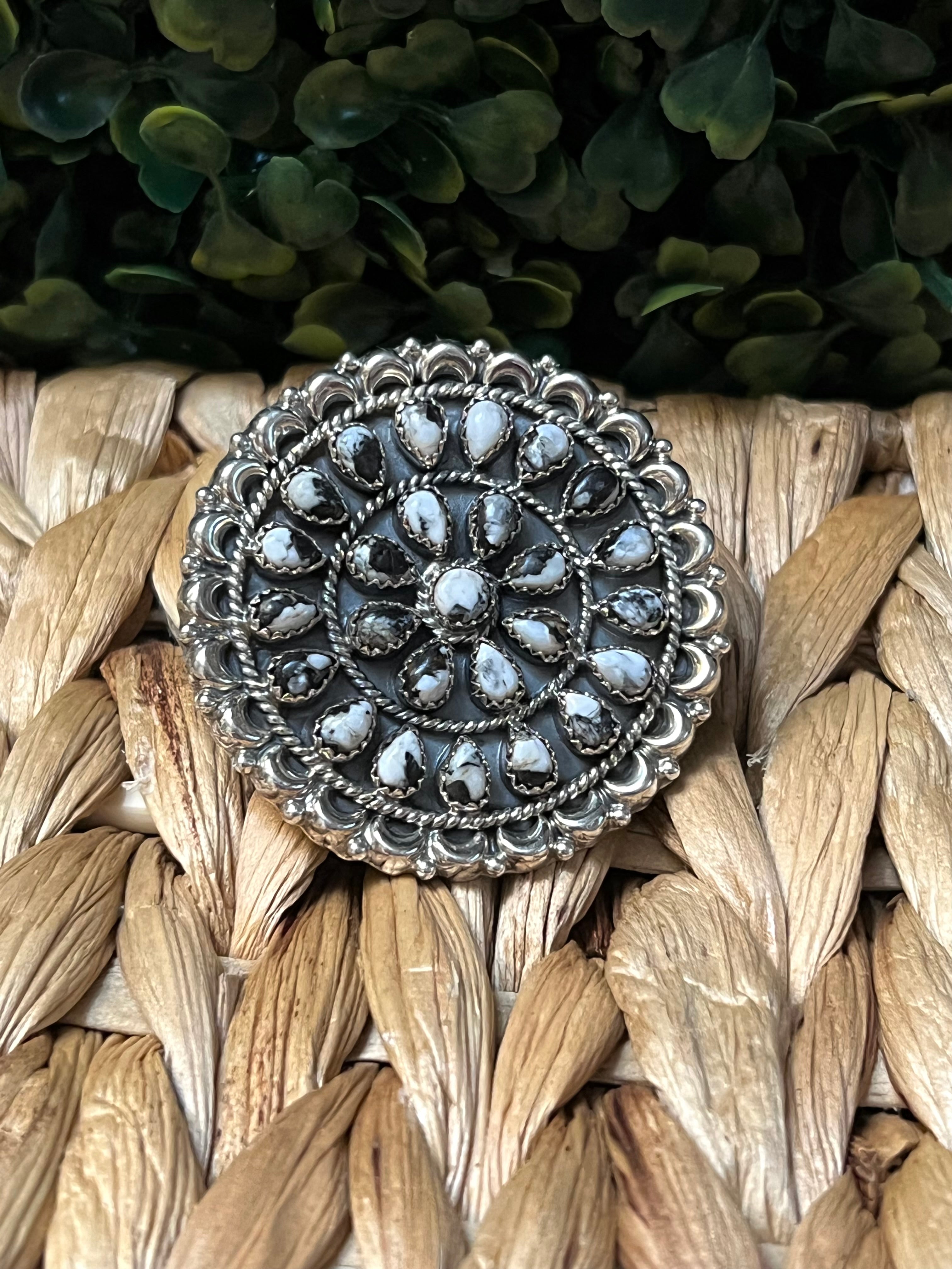 Handmade Sterling Silver & White Buffalo Round Cluster Adjustable Statement Ring