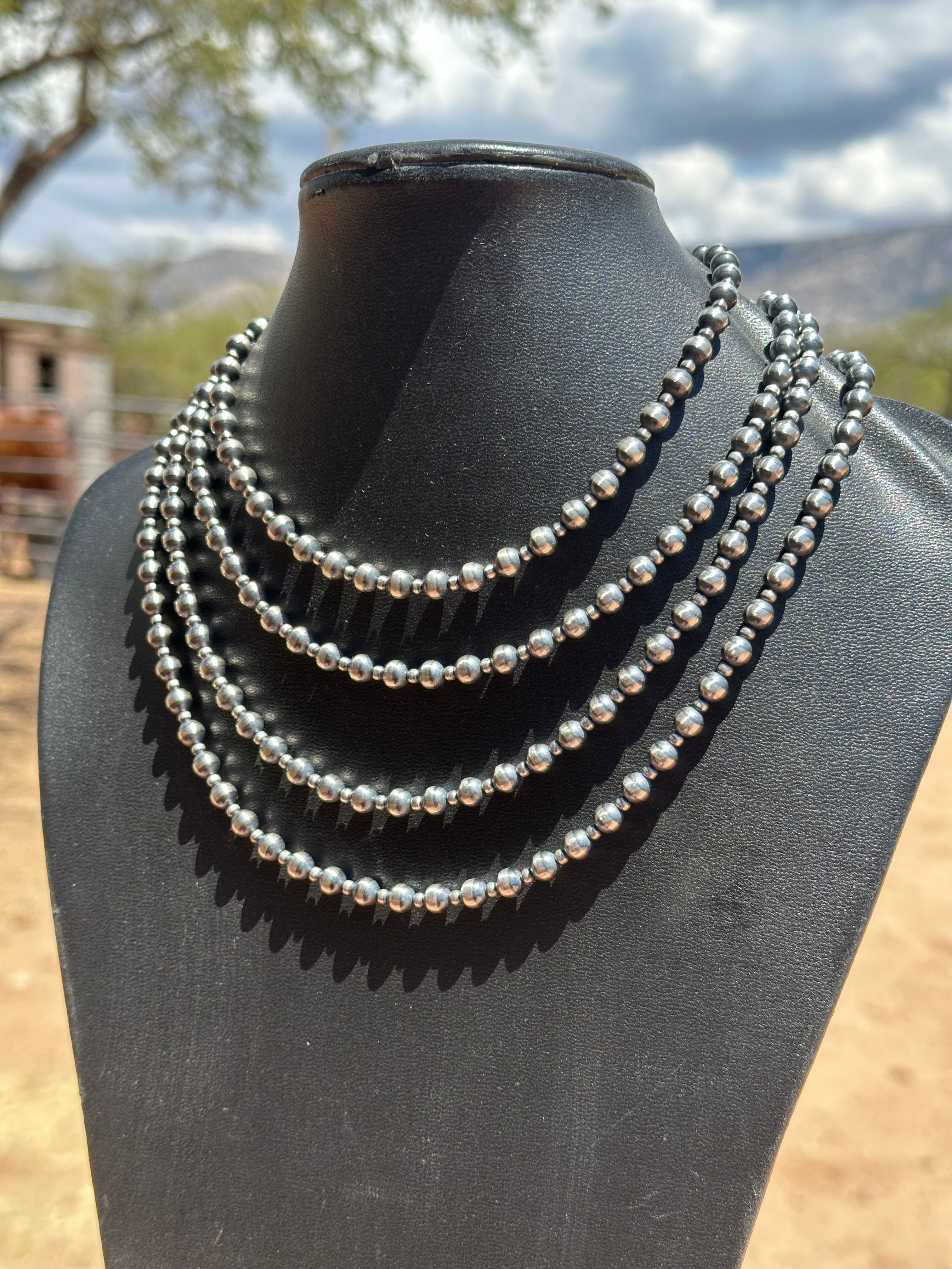 Handcrafted Patterned Pearl Style 3-6mm Sterling Silver Beaded Necklaces