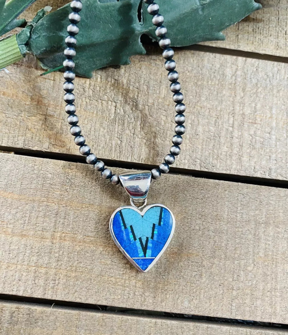 Navajo Multi Stone & Sterling Silver Inlay Heart Pendant