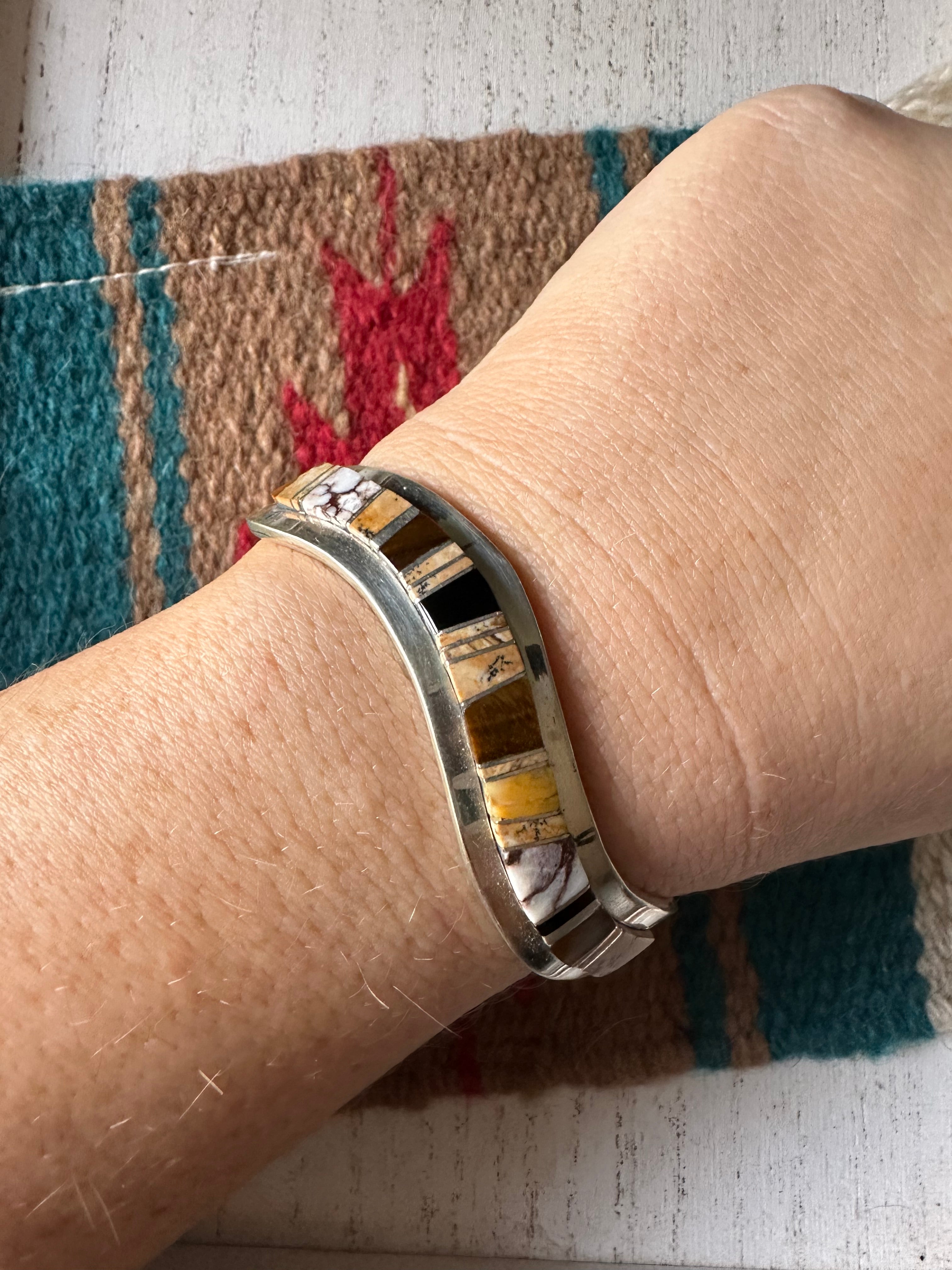 Navajo Tigers Eye, Onyx, Wild Horse & Sterling Silver Inlay Cuff Bracelet Signed Patricia Ed Becenti