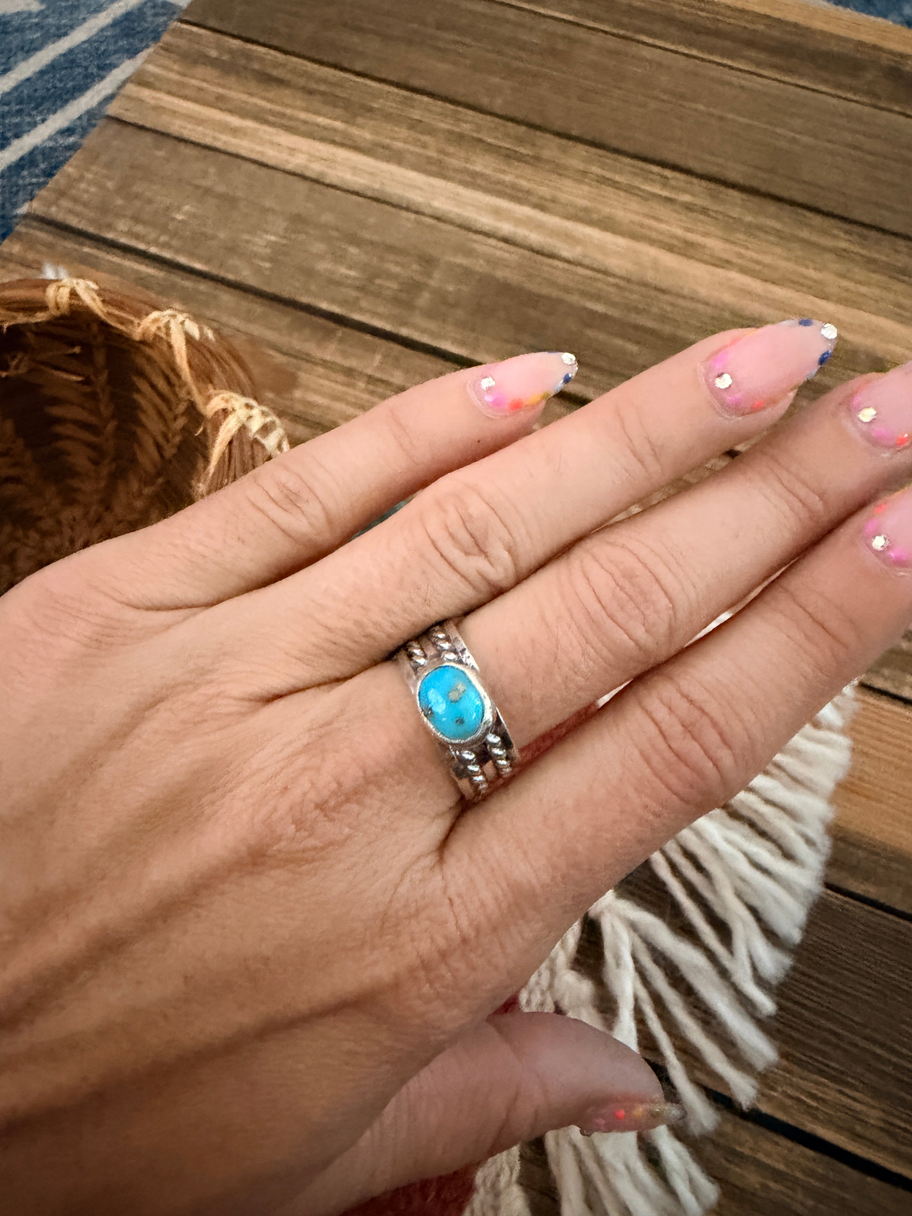 Handcrafted Turquoise & Sterling Silver Band Ring Size 6