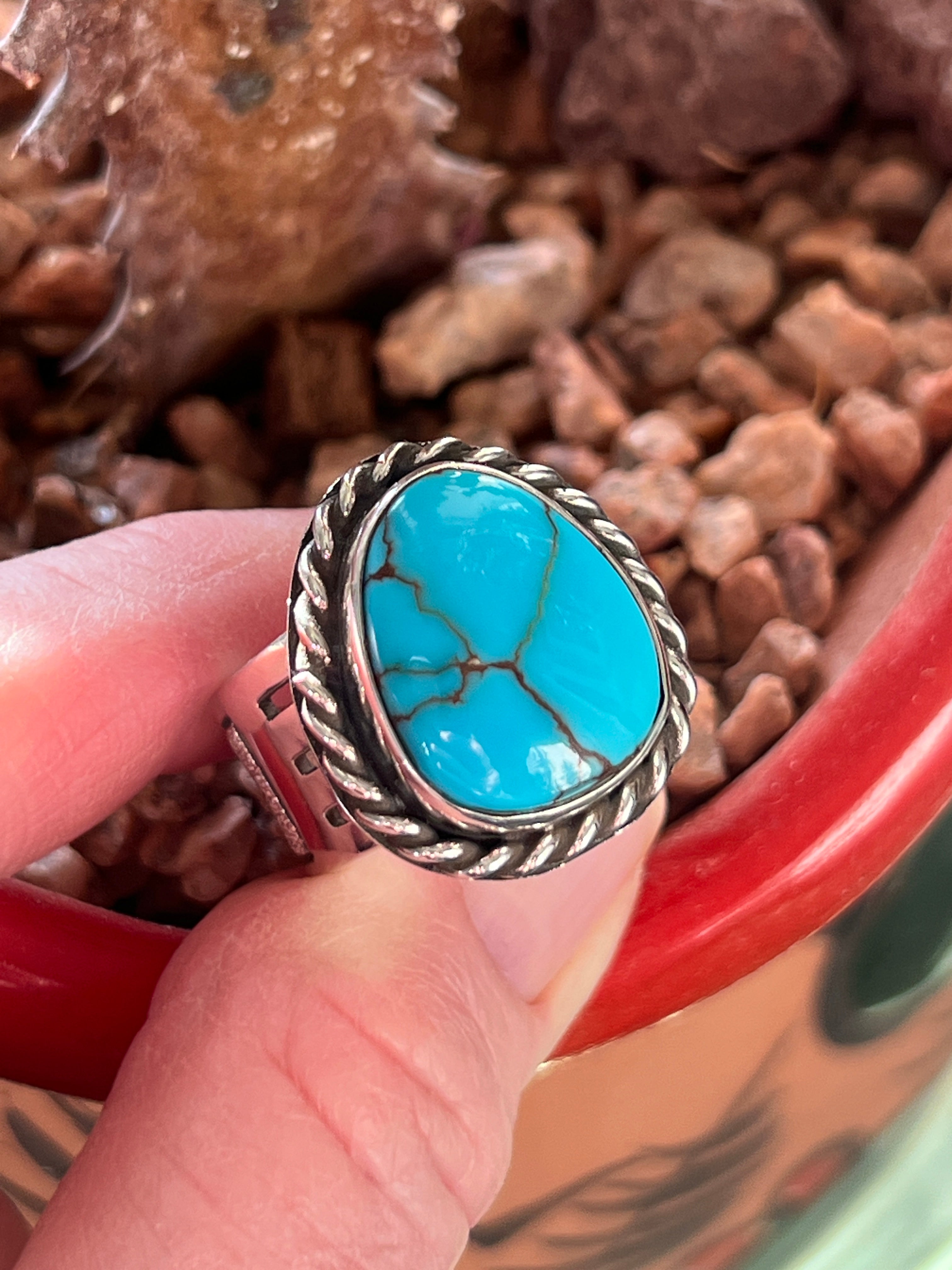 Handcrafted Sterling Silver and Egyptian Turquoise Single Stone Ring by Shaun Rogers, Size 9.5