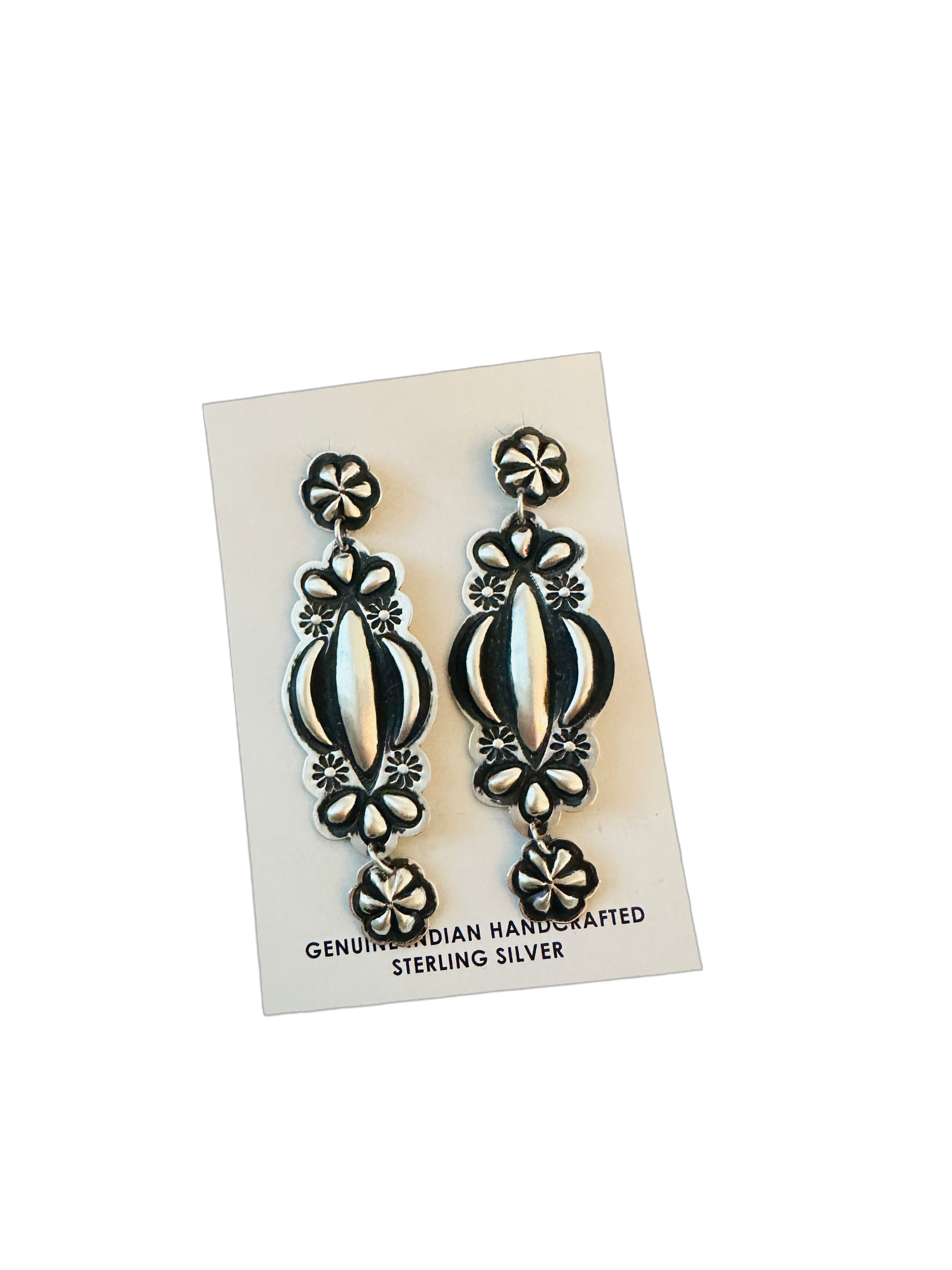 Navajo Hand Stamped Sterling Silver Concho Dangle Earrings by Leander Tahe
