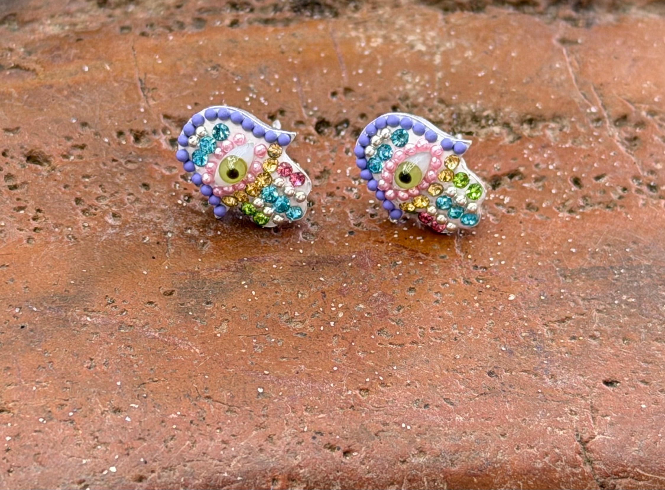 Hamsa Multi-Color Evil Eye Sterling Silver Stud Earrings