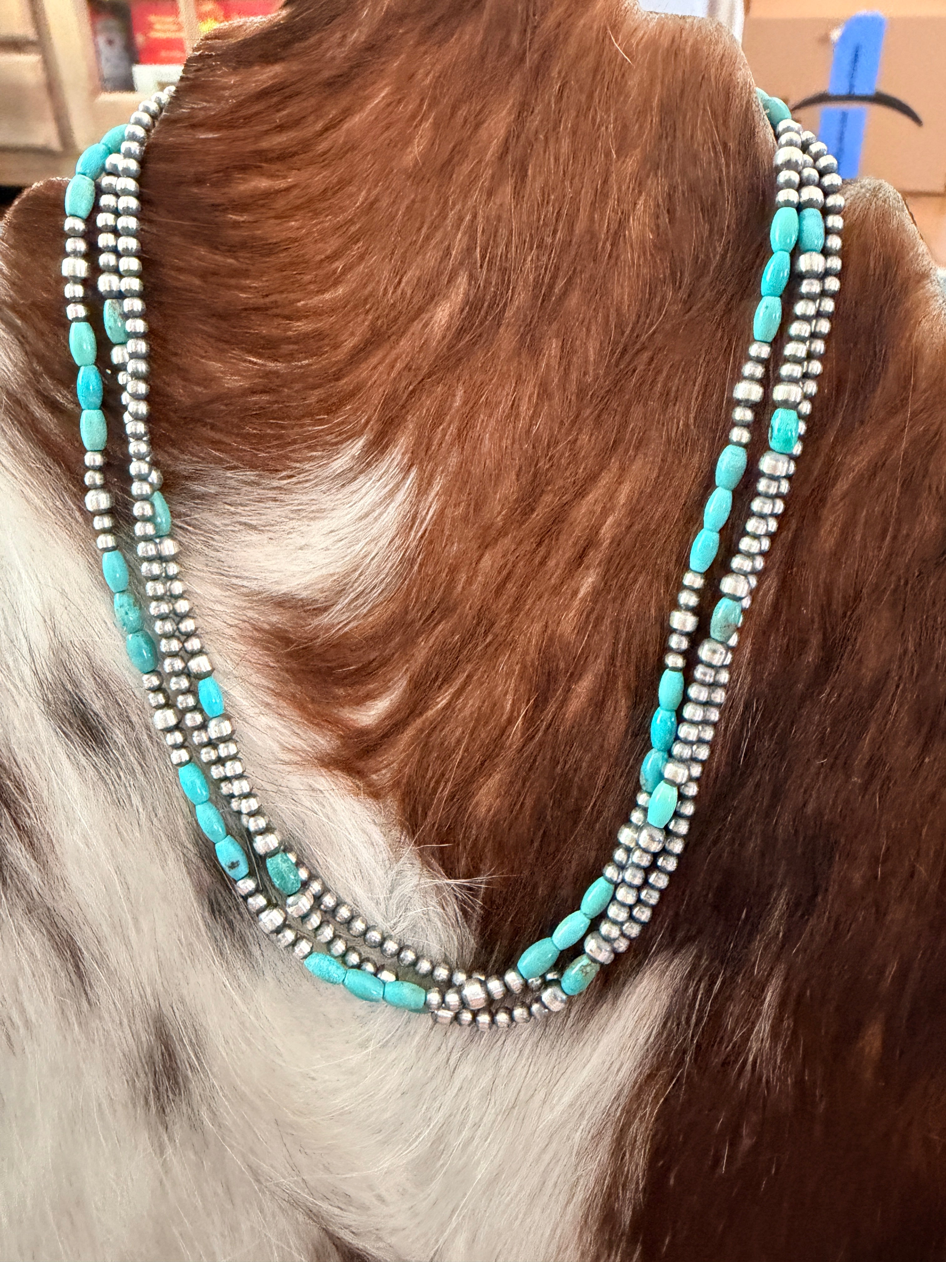 Handcrafted Turquoise & Sterling Silver Pearl Triple-Strand Beaded Necklace