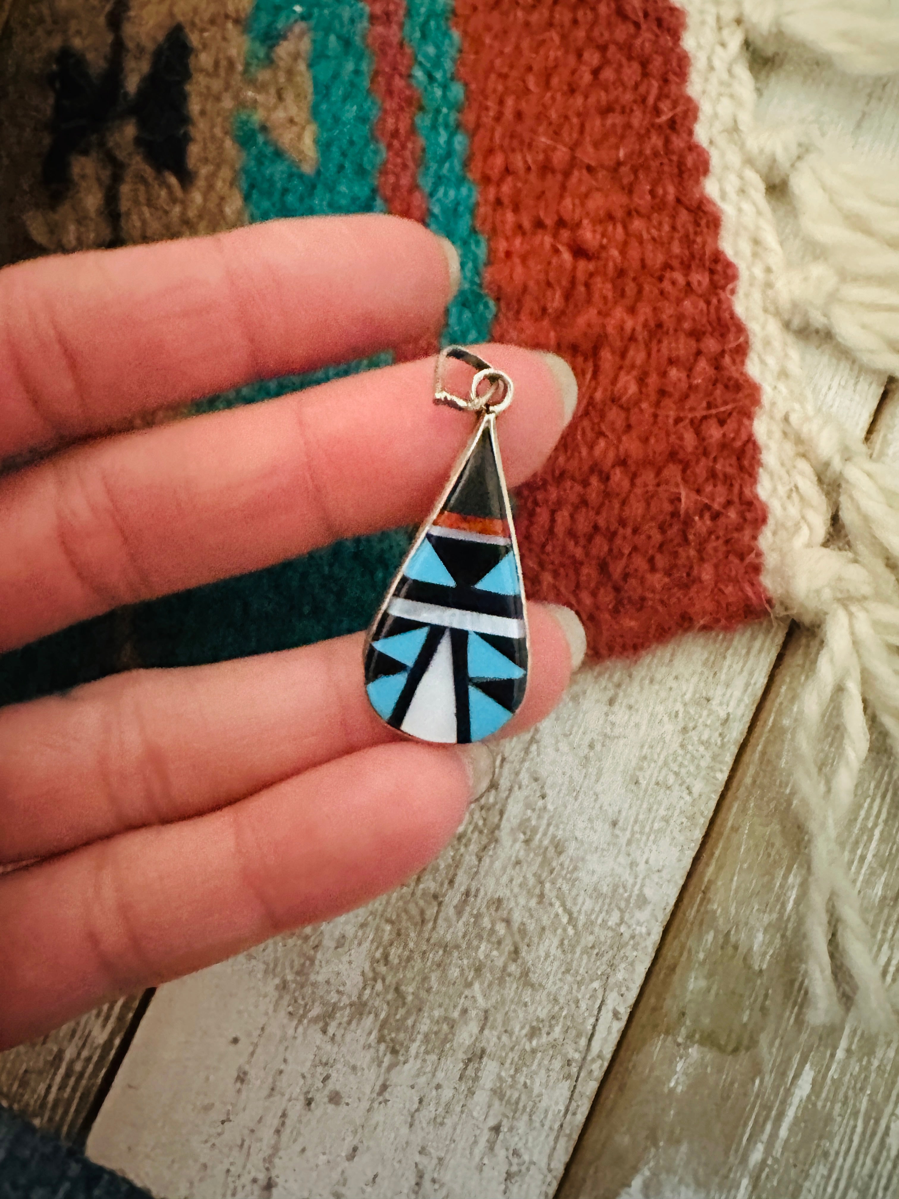 Zuni Multi Stone & Sterling Silver Inlay Teardrop Pendant