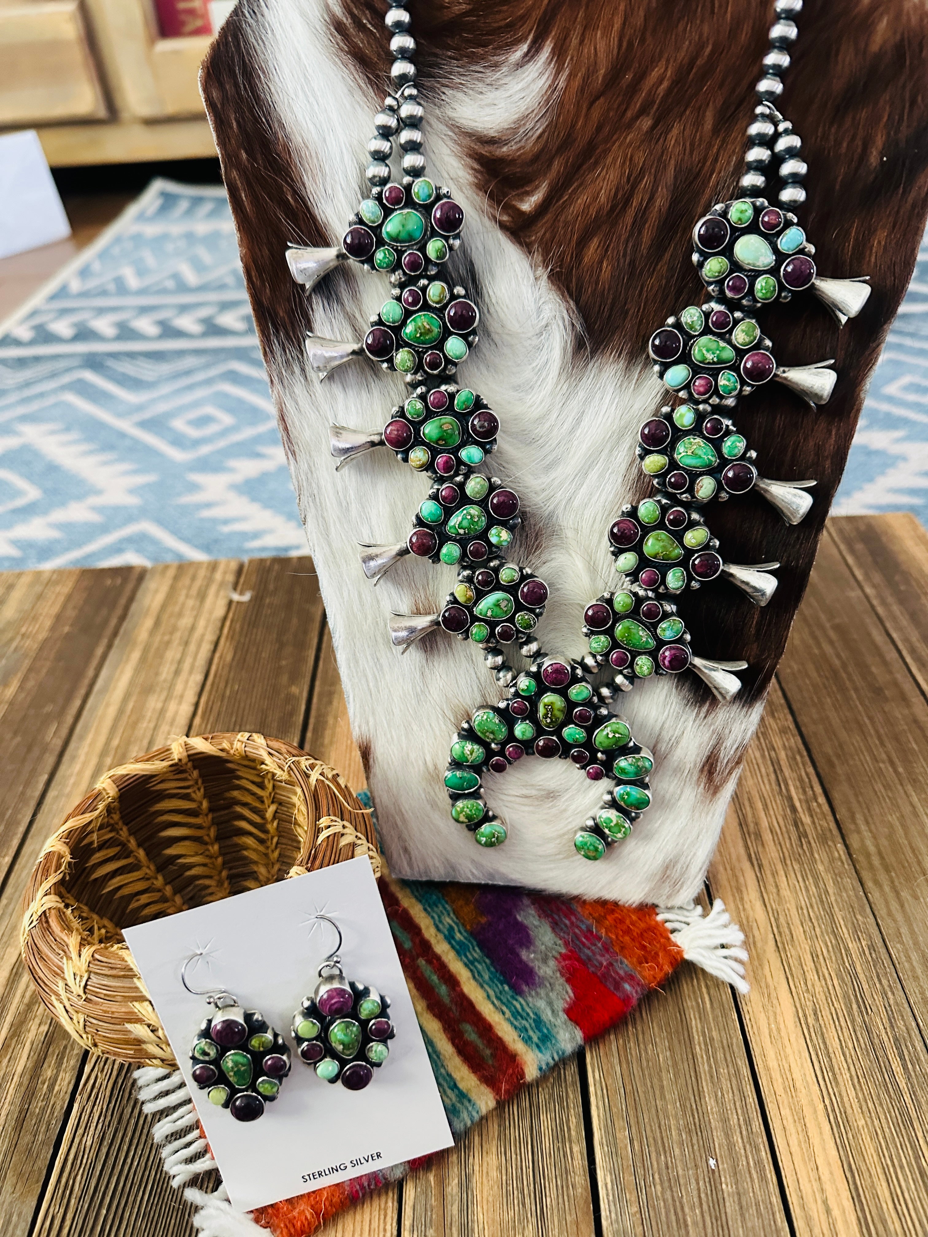 Handcrafted Sterling Silver, Turquoise & Spiny Oyster Squash Blossom Necklace Set by Louise Jim