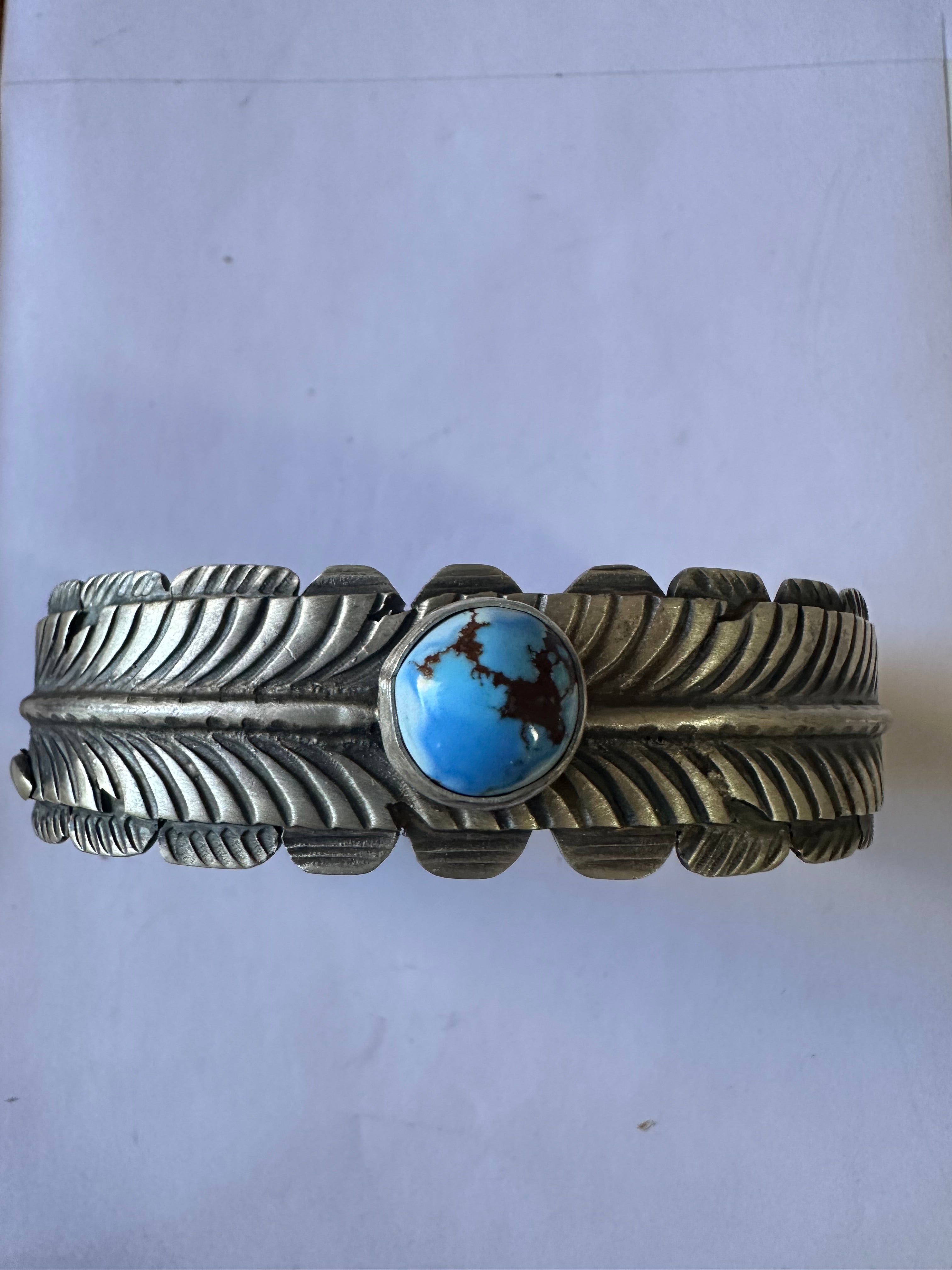 Navajo Golden Hills Turquoise & Sterling Silver Feather Cuff Bracelet