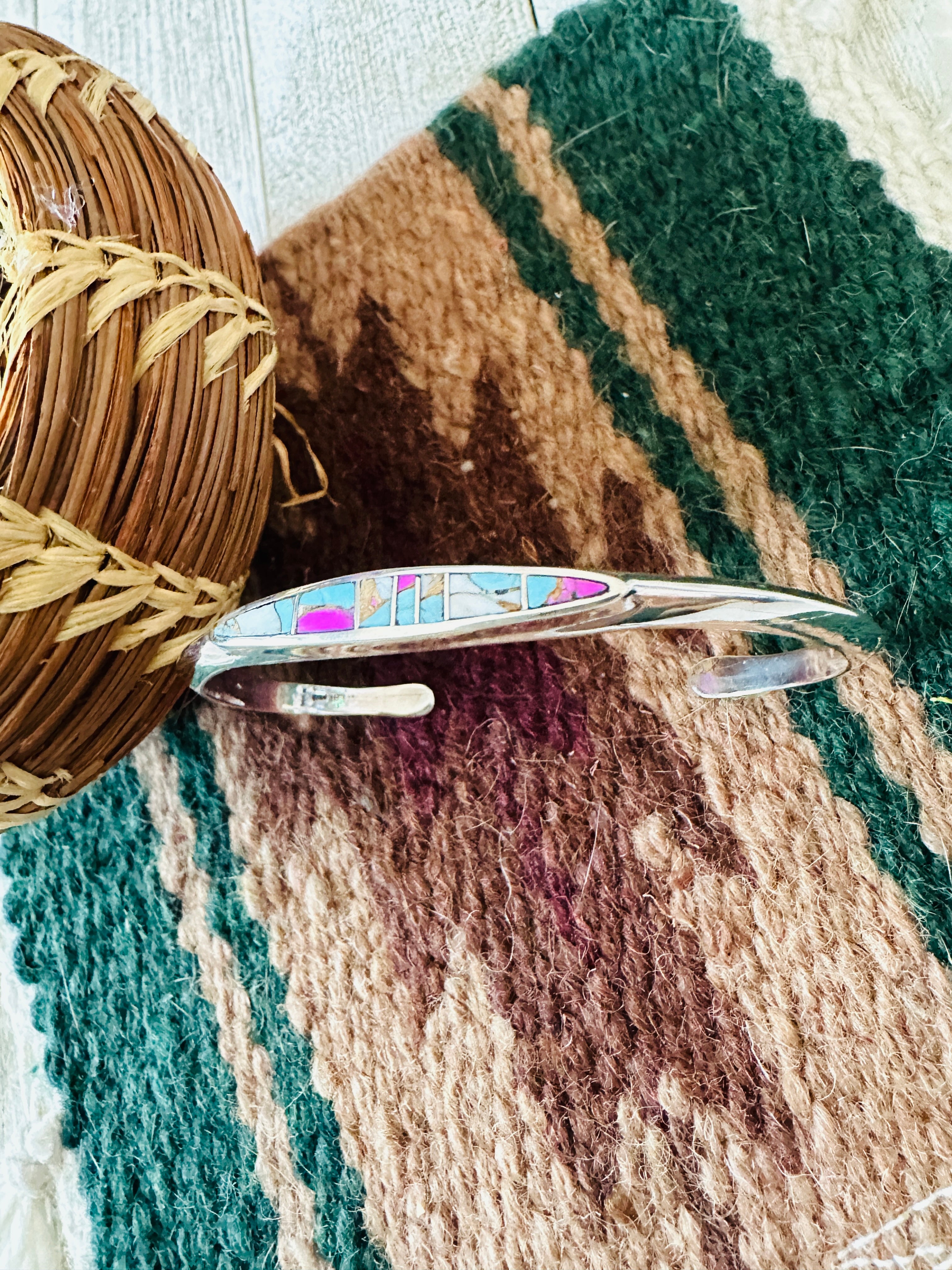 Handcrafted Cotton Candy & Sterling Silver Inlay Cuff Bracelet