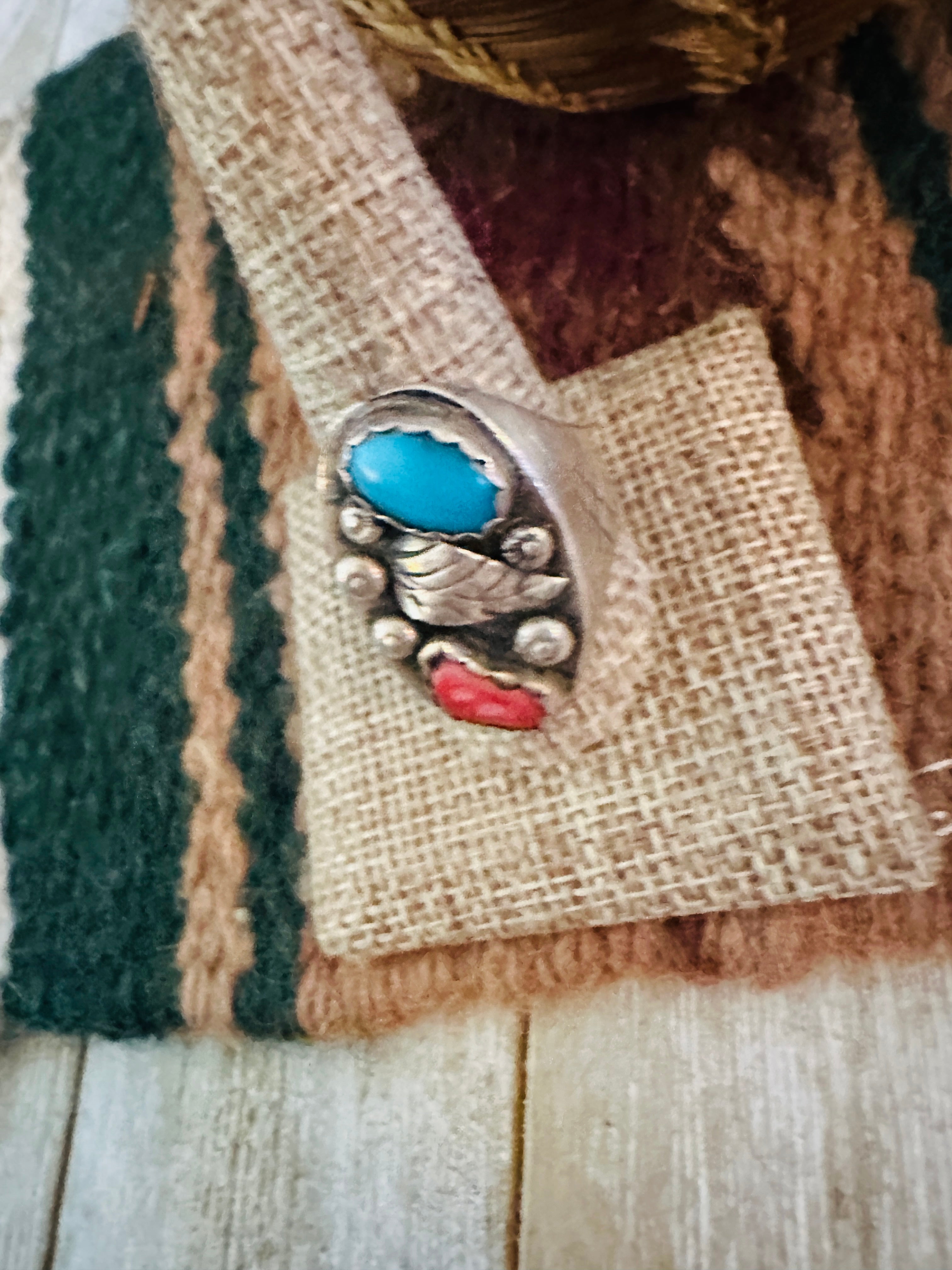 Old Pawn Handcrafted Turquoise, Coral & Sterling Silver Ring Size 11.75