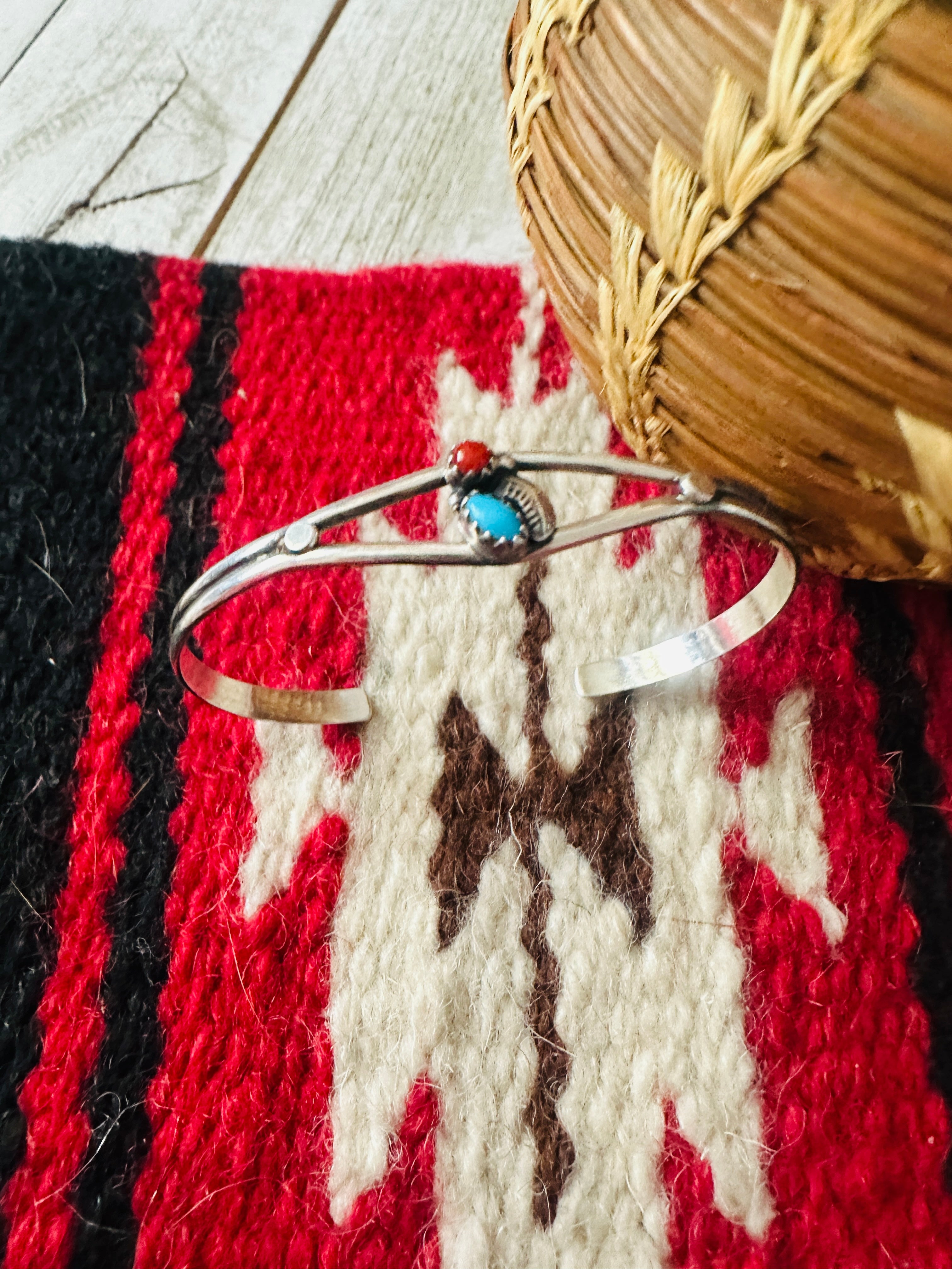 Navajo Turquoise, Coral & Sterling Silver Cuff Bracelet