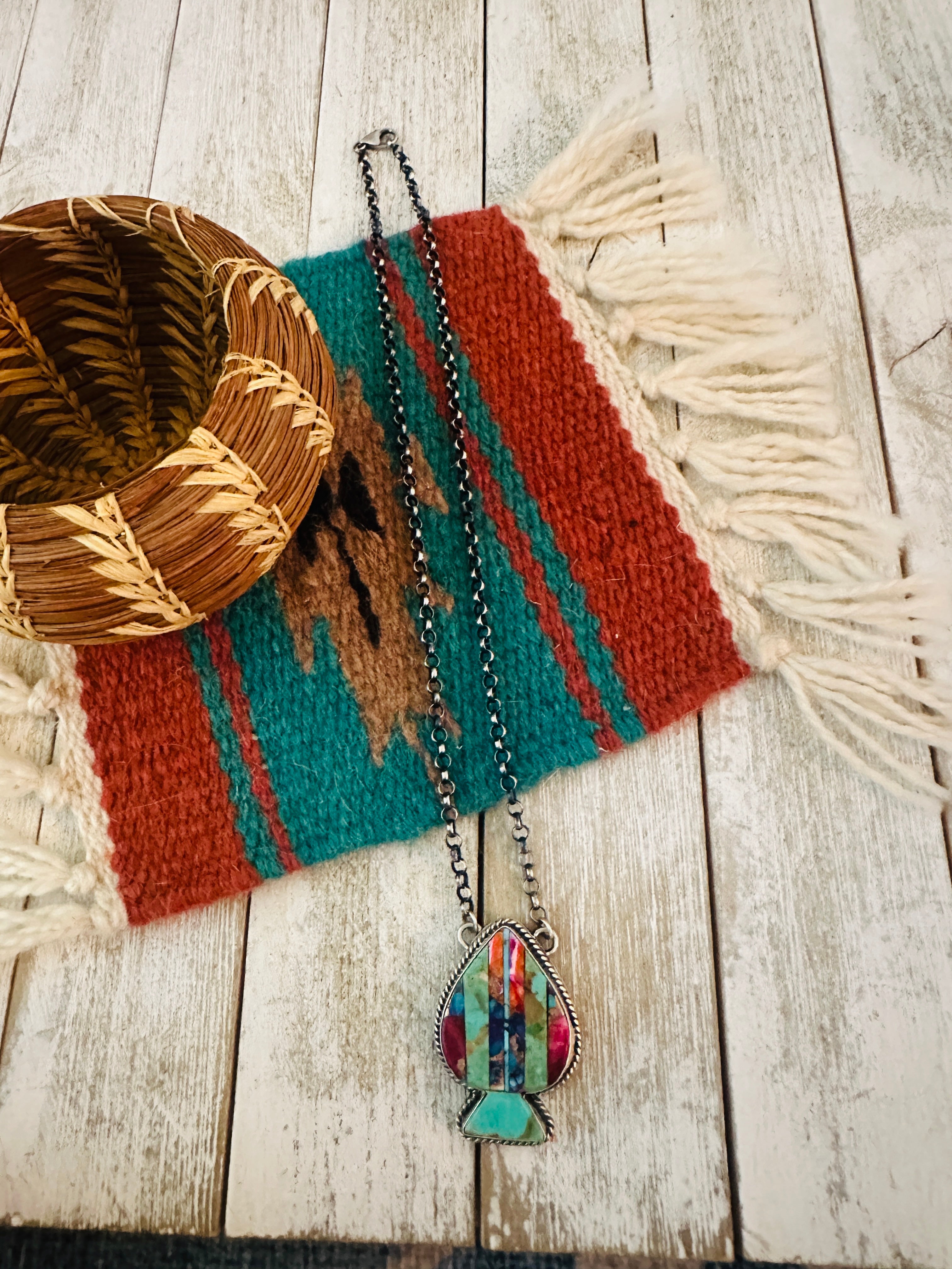 Navajo Sterling Silver & Multi Stone Inlay Spade Necklace